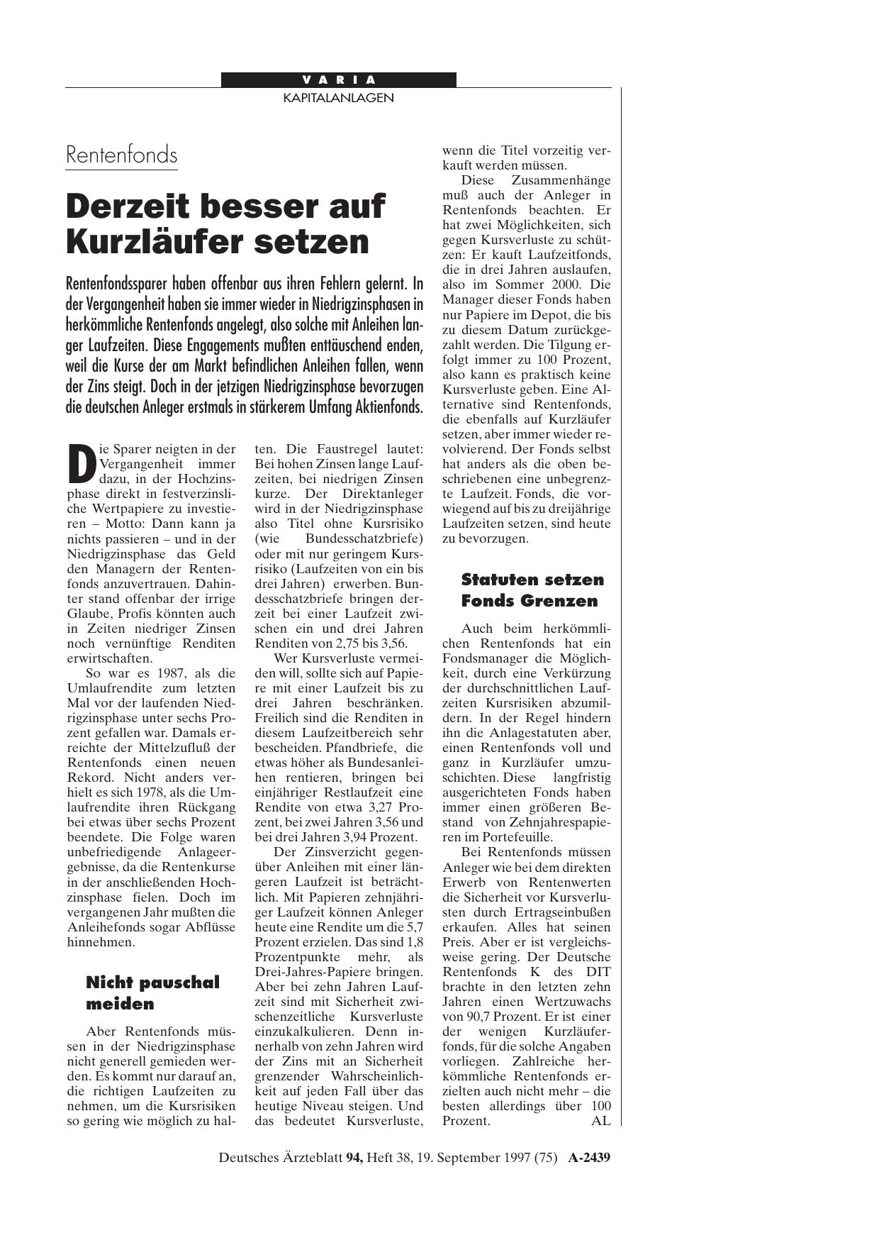 Vorschauseite 1: Rentenfonds: Derzeit besser auf Kurzläufer setzen