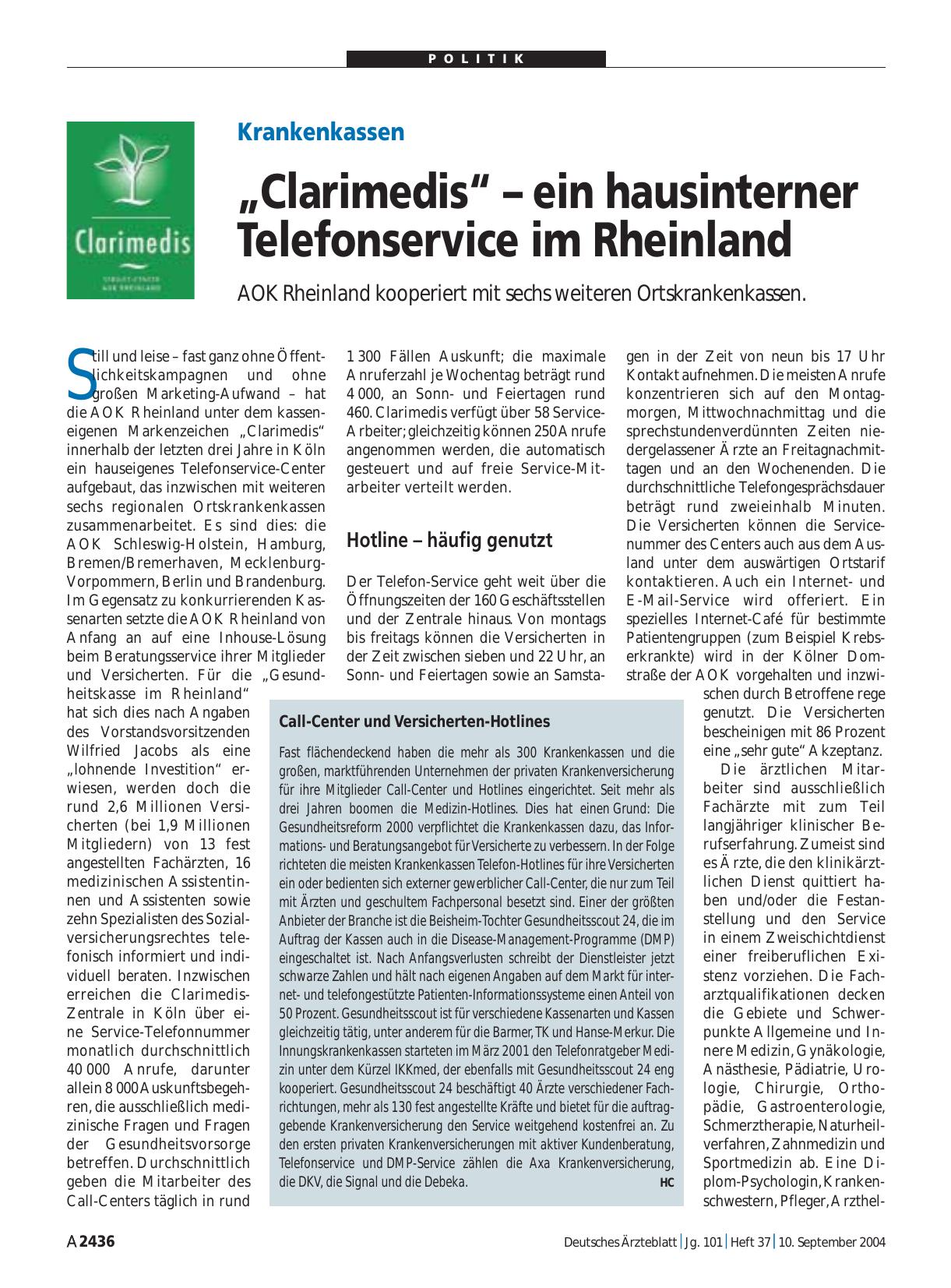Vorschauseite 1: Krankenkassen: „Clarimedis“ – ein hausinterner Telefonservice im Rheinland