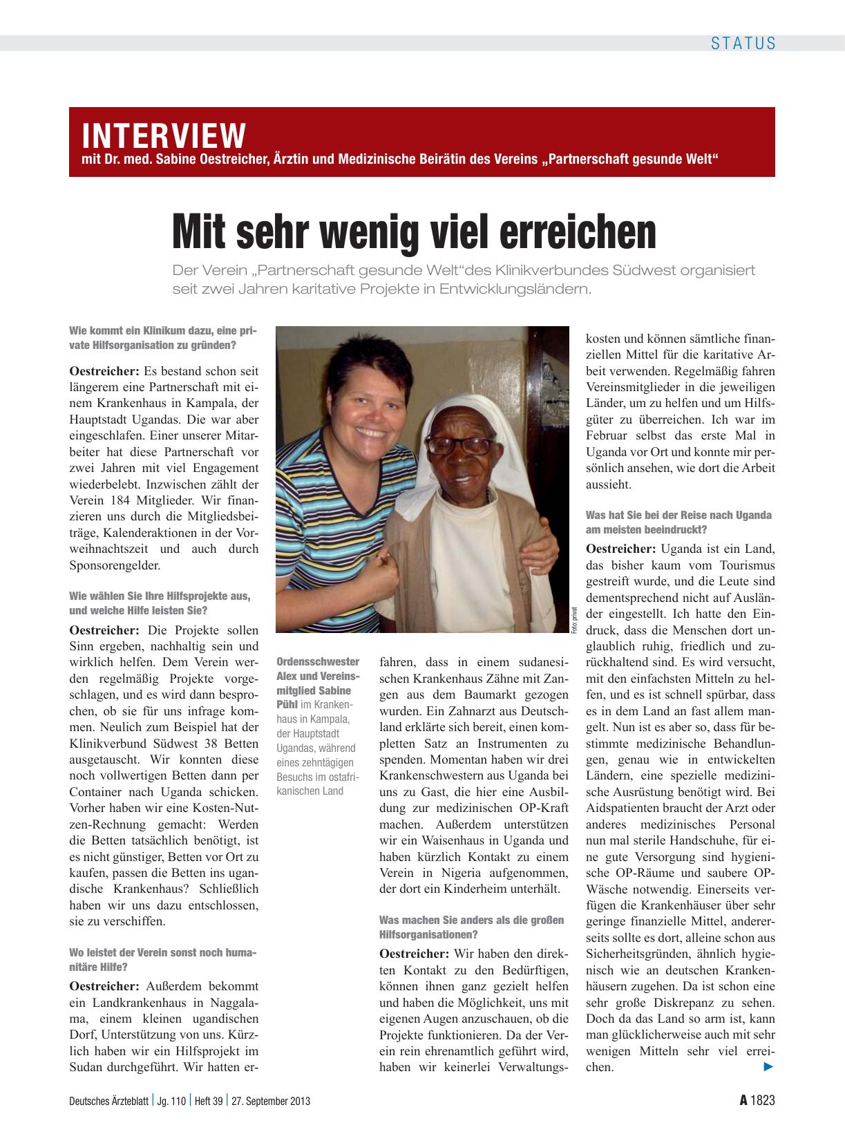 Vorschauseite 1: Interview mit Dr. med. Sabine Oestreicher, Ärztin und Medizinische Beirätin des Vereins „Partnerschaft gesunde Welt“: Mit sehr wenig viel erreichen