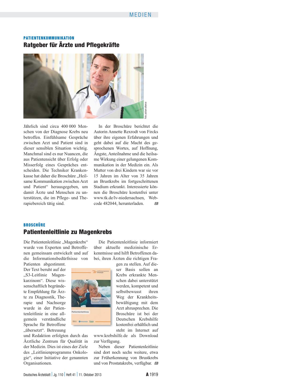 Vorschauseite 1: Broschüre: Patientenleitlinie zu Magenkrebs