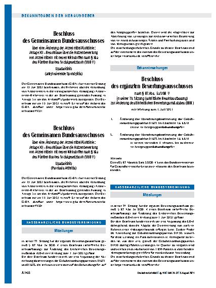 Vorschauseite 1: Beschluss des ergänzten Bewertungsausschusses nach § 87 Abs. 5a SGB V in seiner 73. Sitzung (schriftliche Beschlussfassung) zur Änderung des Einheitlichen Bewertungsmaßstabes (EBM)