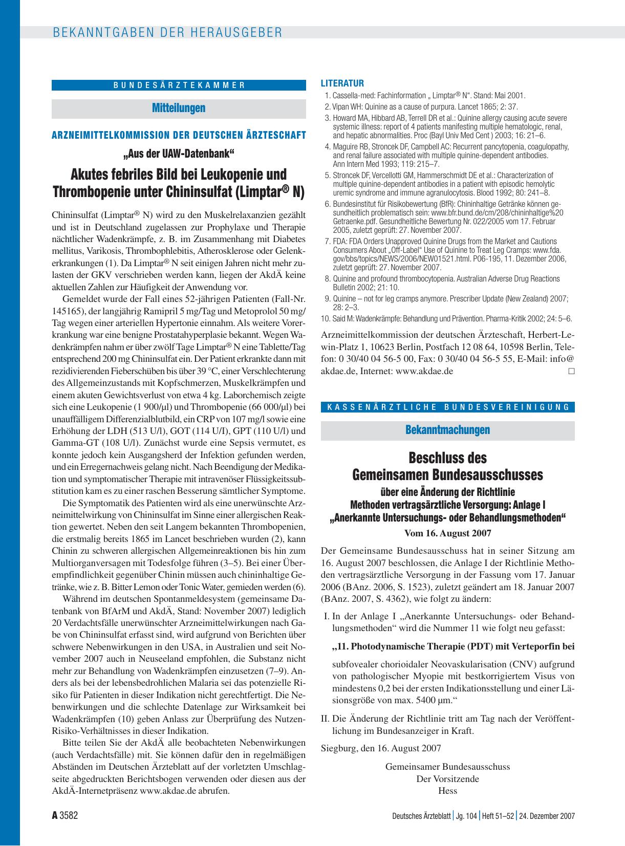 Vorschauseite 1: Arzneimittelkommission der deutschen Ärzteschaft: „Aus der UAW-Datenbank“ Akutes febriles Bild bei Leukopenie und Thrombopenie unter Chininsulfat (Limptar® N)