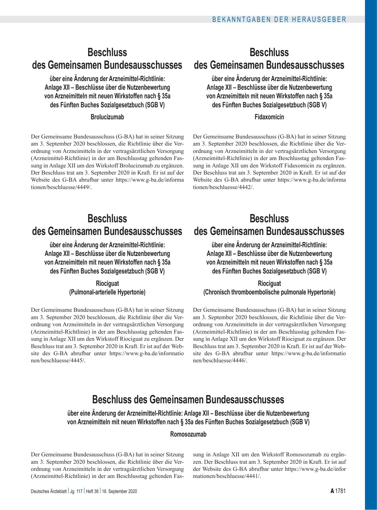 Vorschauseite 1: Beschluss des Gemeinsamen Bundesausschusses über eine Änderung der Arzneimittel-Richtlinie: Anlage XII – Fidaxomicin