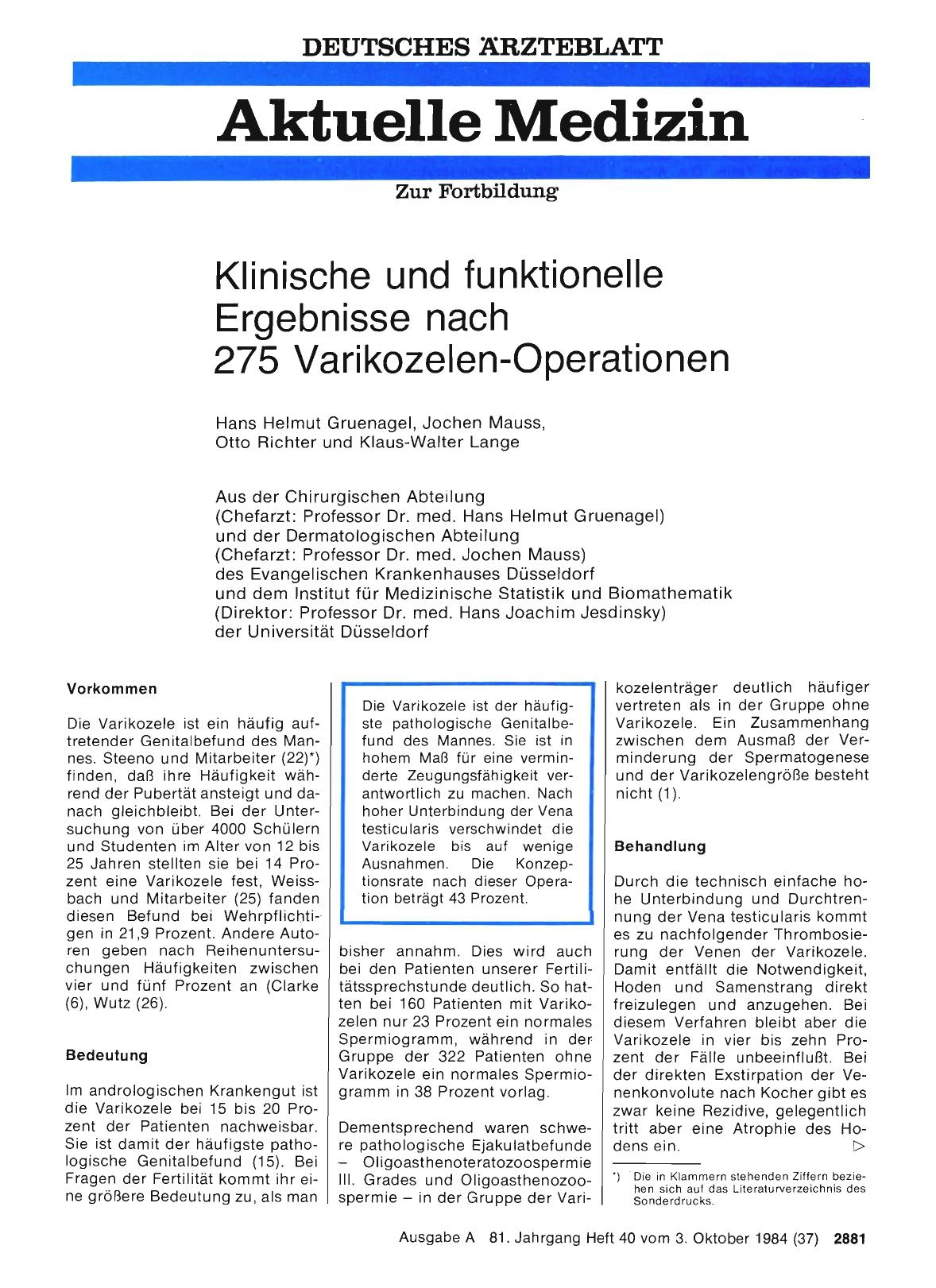 Vorschauseite 1: Klinische und funktionelle Ergebnisse nach 275 Varikozelen-Operationen