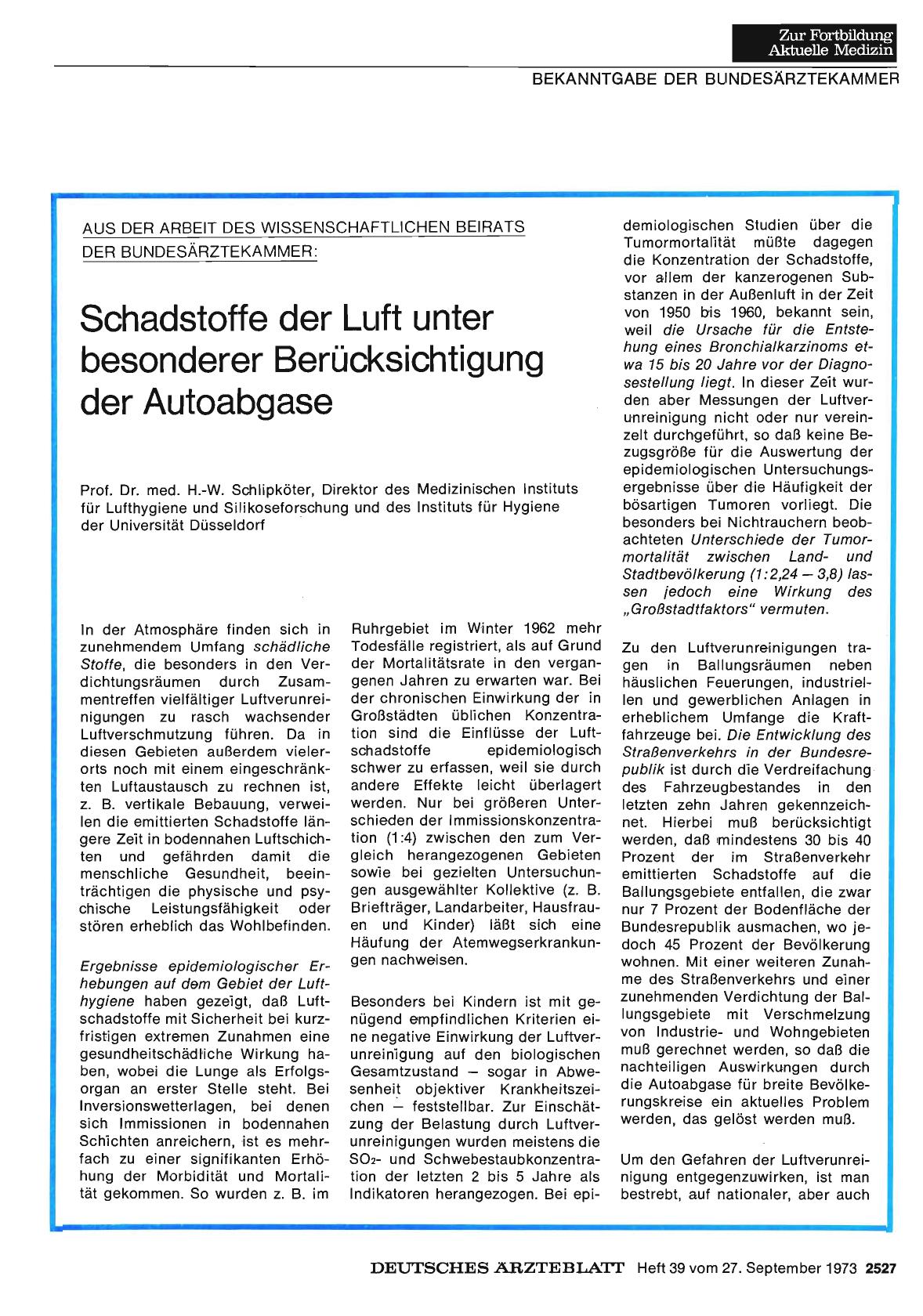 Vorschauseite 1: AUS DER ARBEIT DES WISSENSCHAFTLICHEN BEIRATS DER BUNDESÄRZTEKAMMER: Schadstoffe der Luft unter besonderer Berücksichtigung der Autoabgase