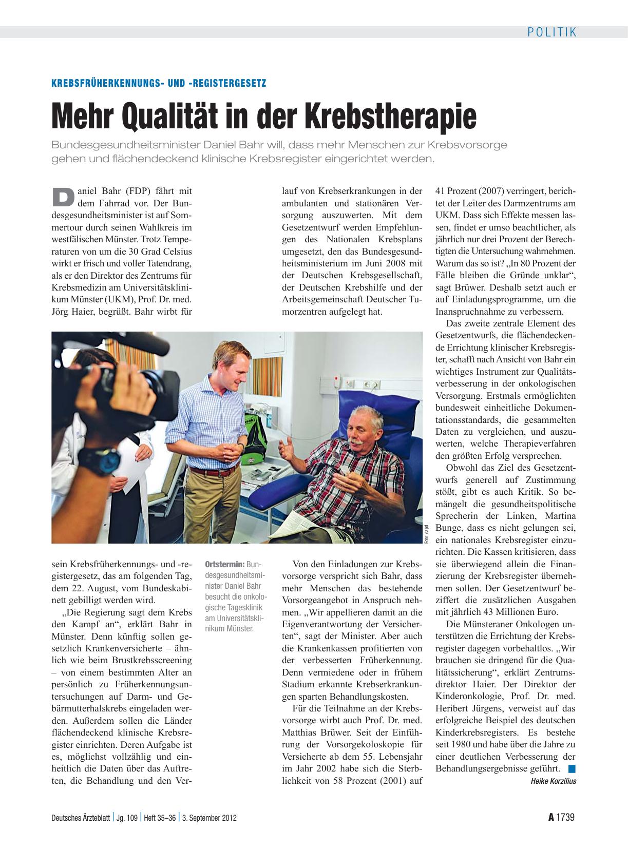 Vorschauseite 1: Krebsfrüherkennungsund -registergesetz: Mehr Qualität in der Krebstherapie