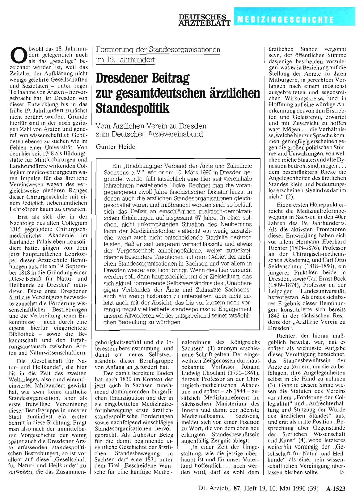 Vorschauseite 1: Dresdener Beitrag zur gesamtdeutschen ärztlichen Standespolitik