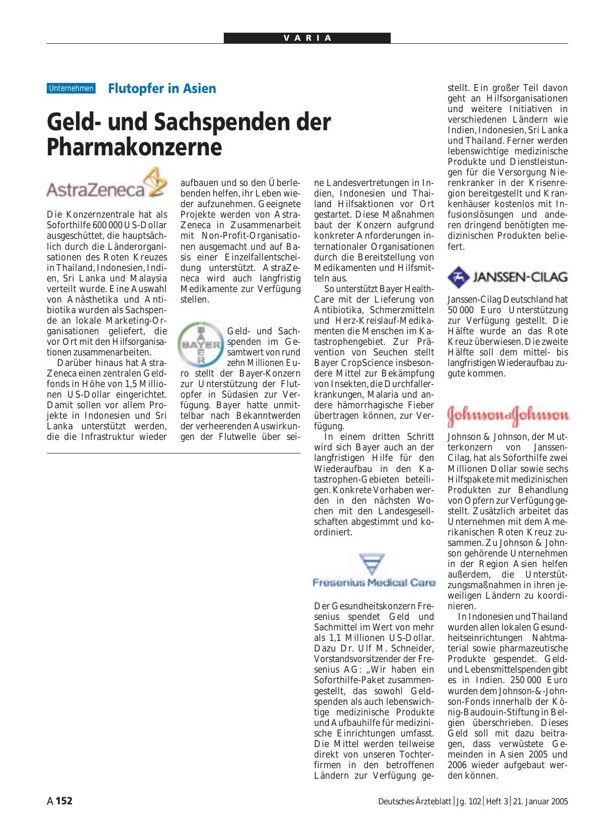 Vorschauseite 1: Flutopfer in Asien: Geldund Sachspenden der Pharmakonzerne