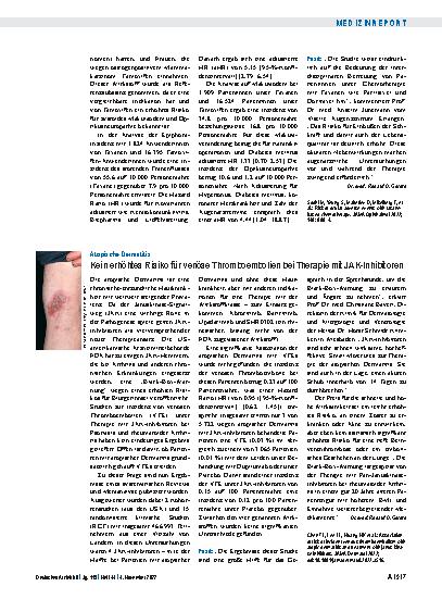 Vorschauseite 1: Atopische Dermatitis: Kein erhöhtes Risiko für venöse Thromboembolien bei Therapie mit JAK-Inhibitoren