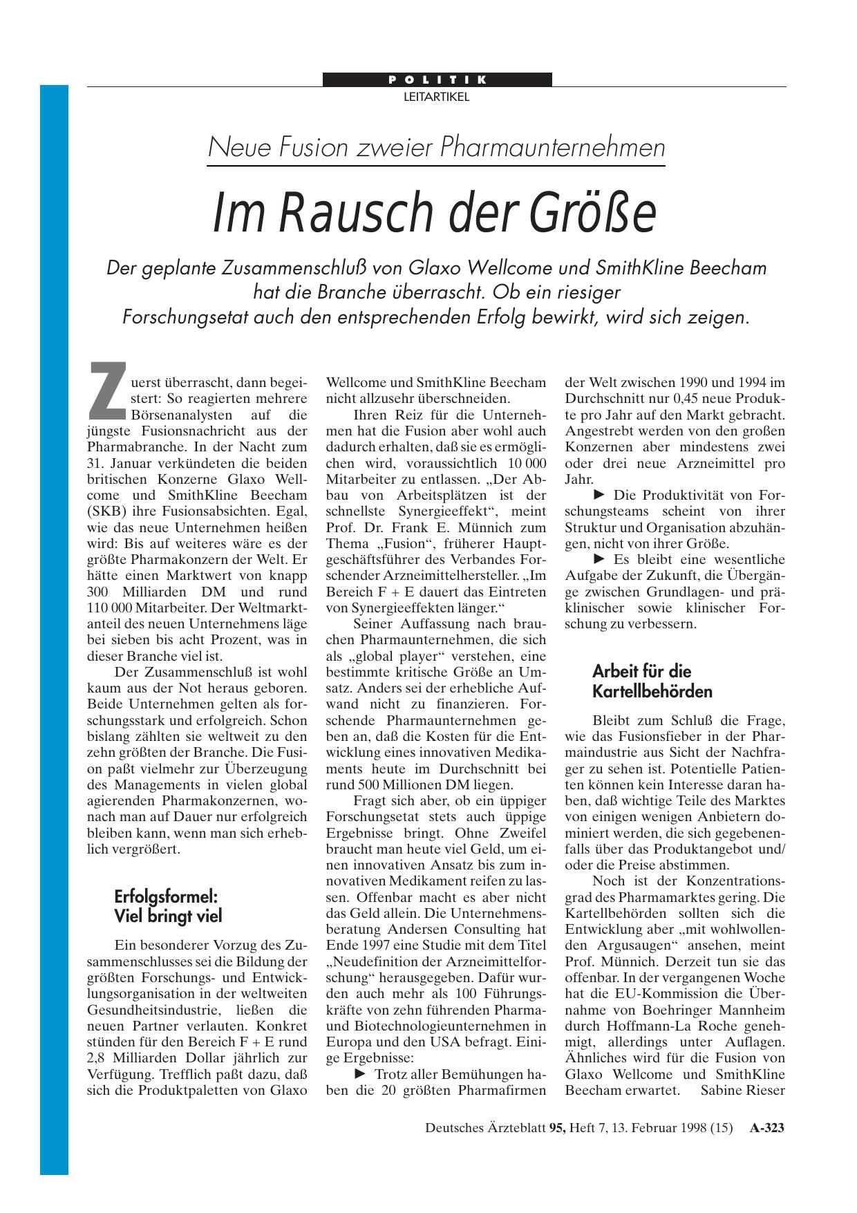 Vorschauseite 1: Neue Fusion zweier Pharmaunternehmen: Im Rausch der Größe