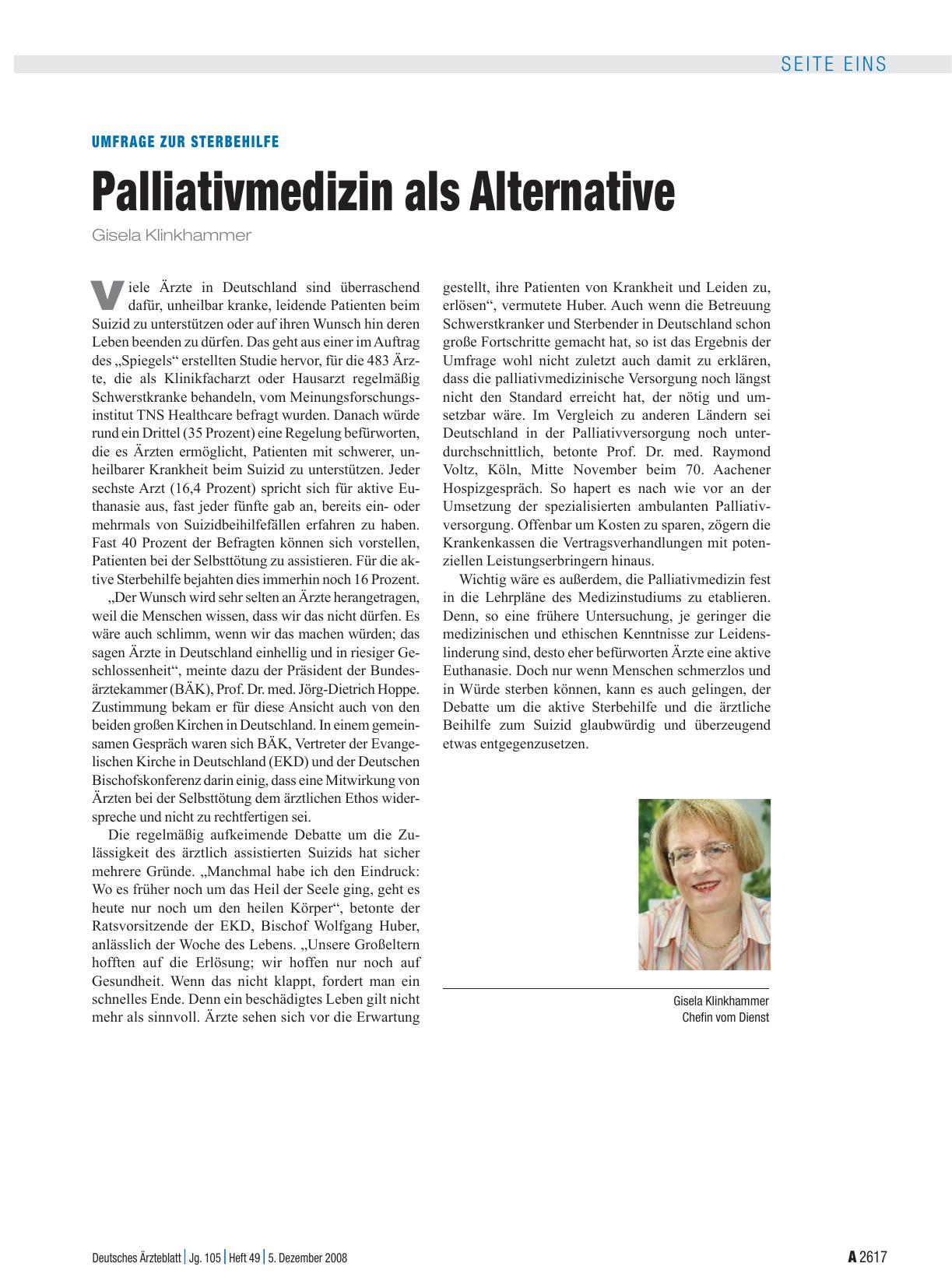 Vorschauseite 1: Umfrage zur Sterbehilfe: Palliativmedizin als Alternative