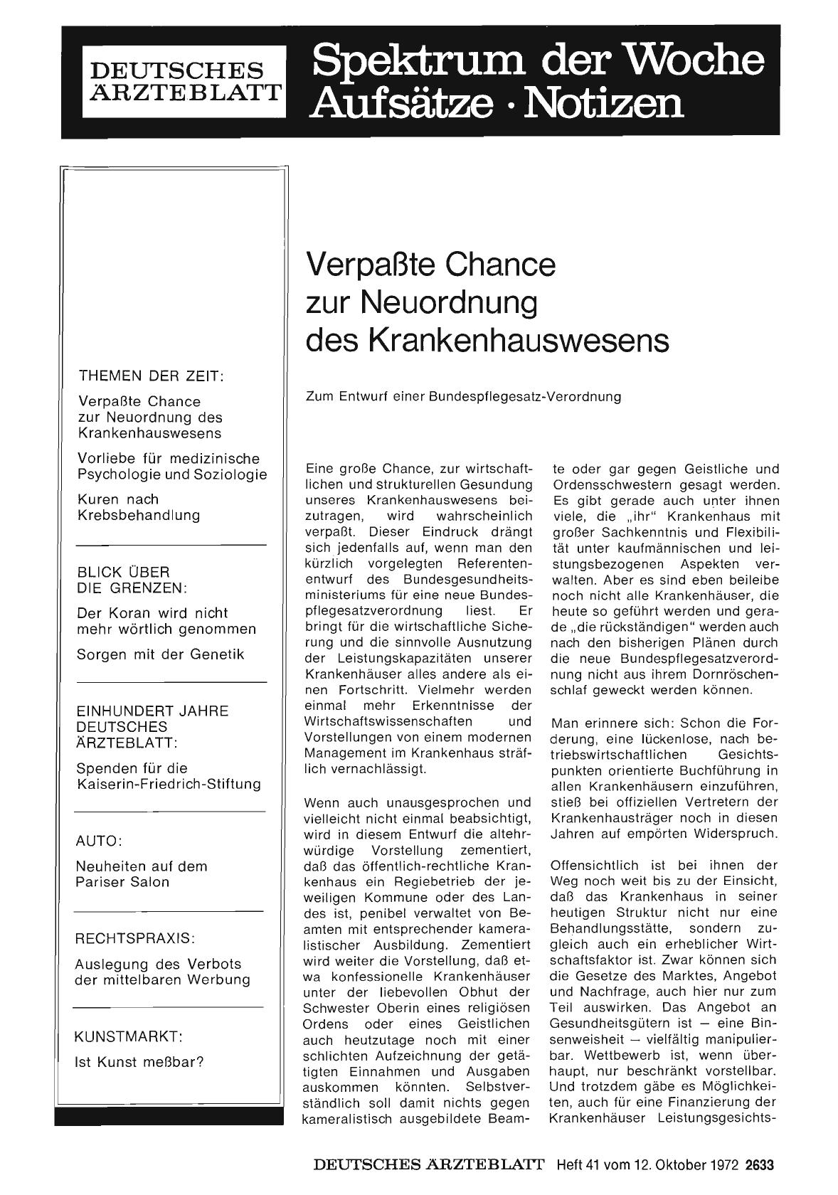 Vorschauseite 1: Verpaßte Chance zur Neuordnung des Krankenhauswesens: Zum Entwurf einer Bundespflegesatz-Verordnung