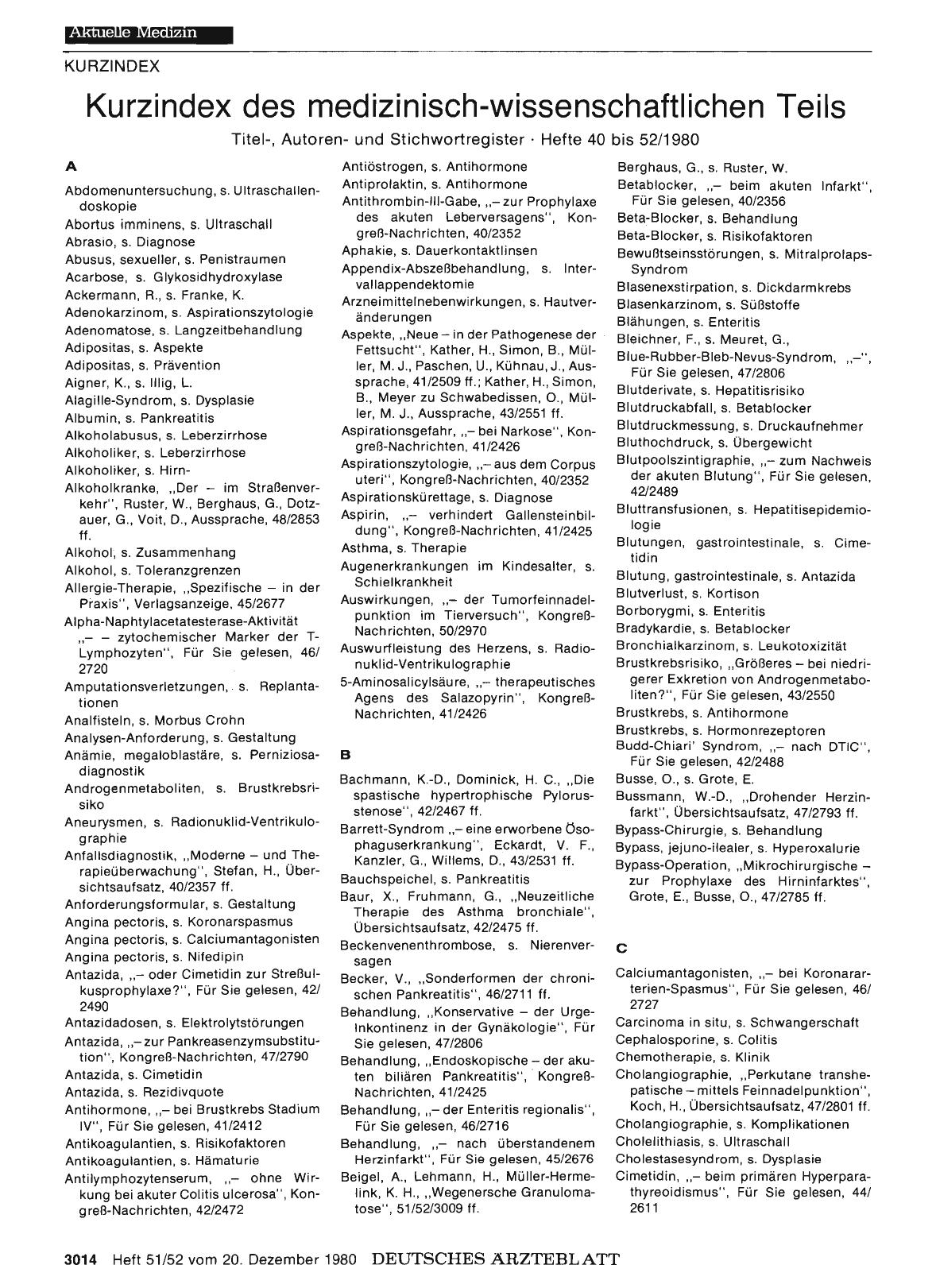 Vorschauseite 1: Kurzindex des medizinisch-wissenschaftlichen Teils: nschaftlichen Teils Titel-, Autorenund Stichwortregister • Hefte 40 bis 52/1980