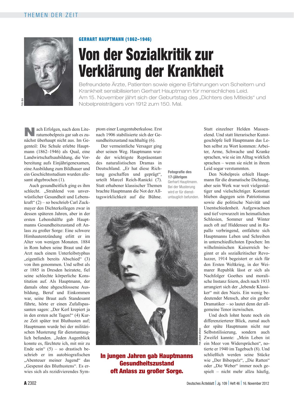Vorschauseite 1: Gerhart Hauptmann (1862–1946): Von der Sozialkritik zur Verklärung der Krankheit