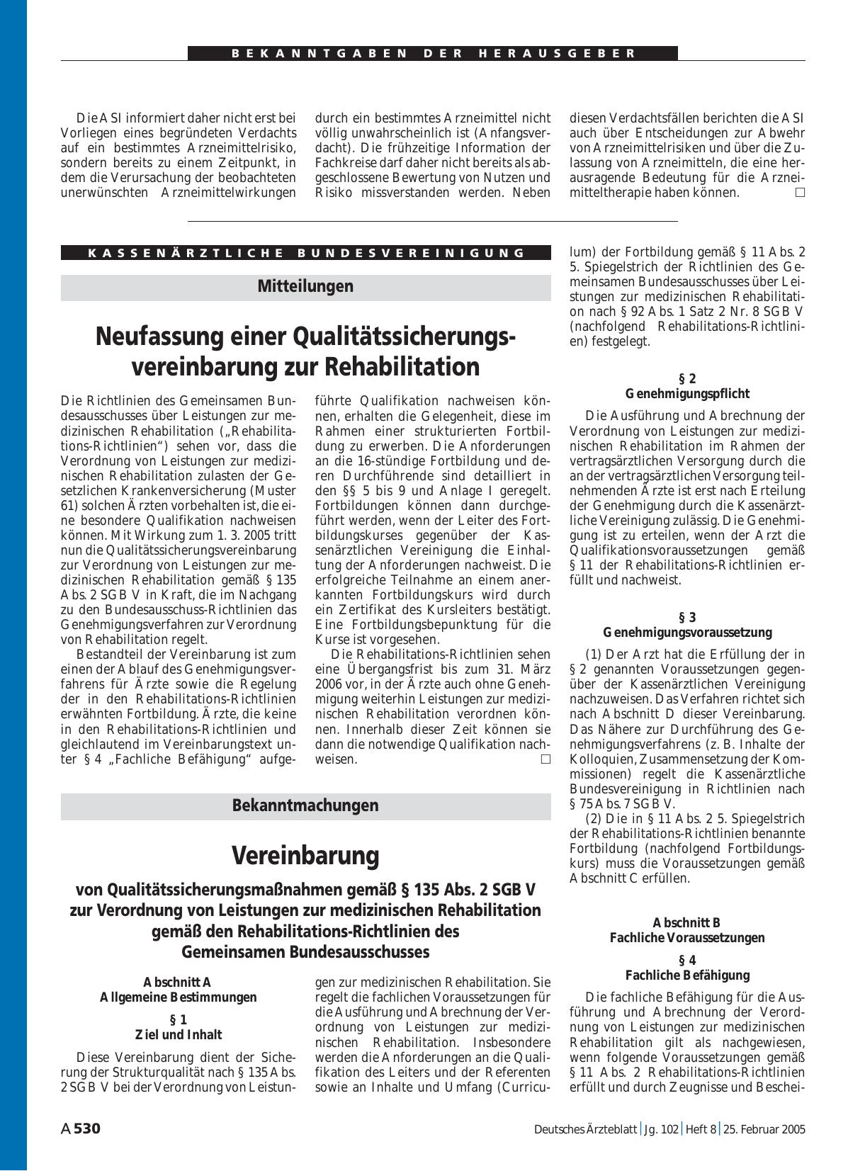 Vorschauseite 1: Bekanntmachungen: Vereinbarung von Qualitätssicherungsmaßnahmen gemäß § 135 Abs. 2 SGB V zur Verordnung von Leistungen zur medizinischen Rehabilitation gemäß den Rehabilitations-R…