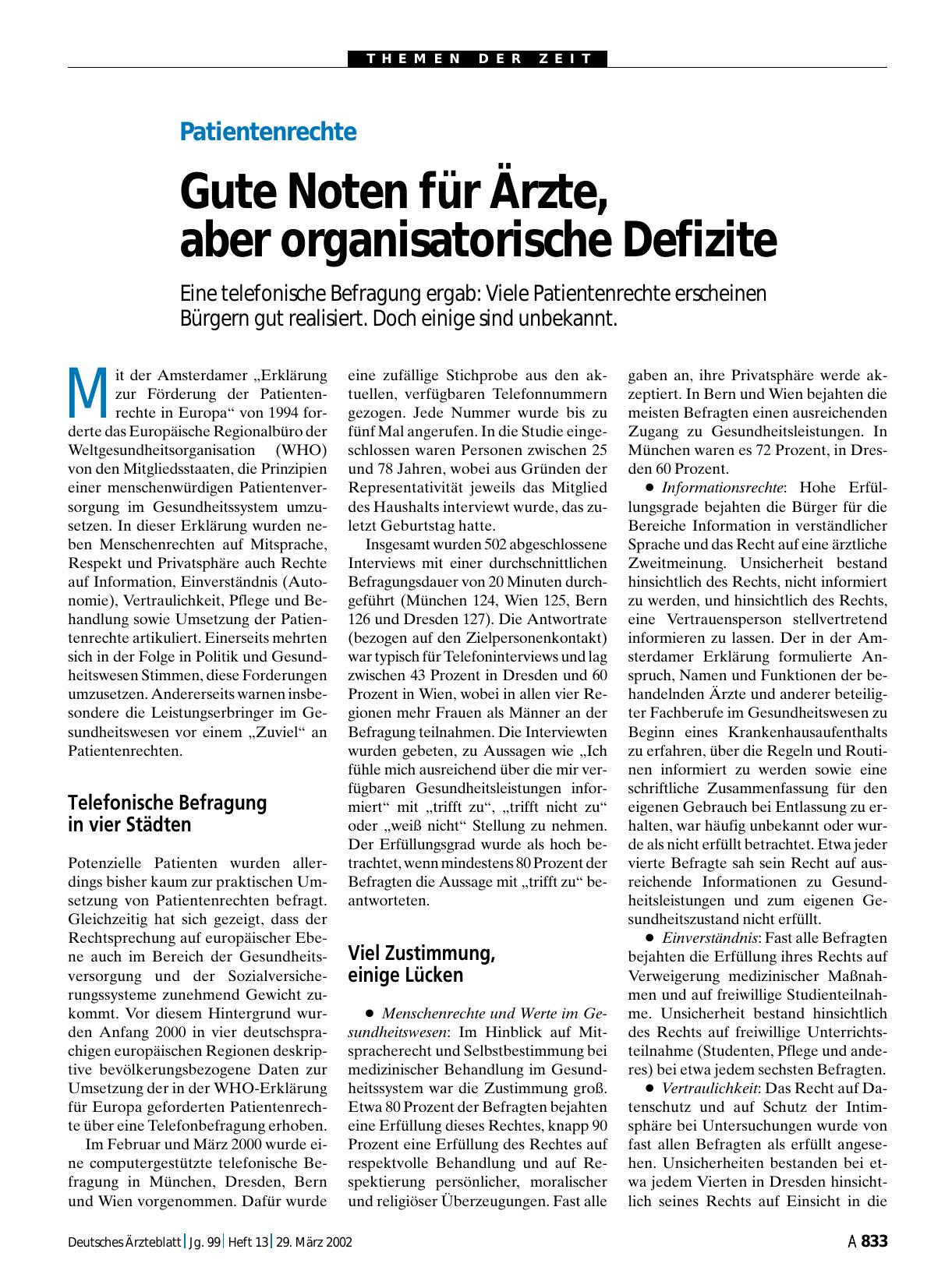 Vorschauseite 1: Patientenrechte: Gute Noten für Ärzte, aber organisatorische Defizite
