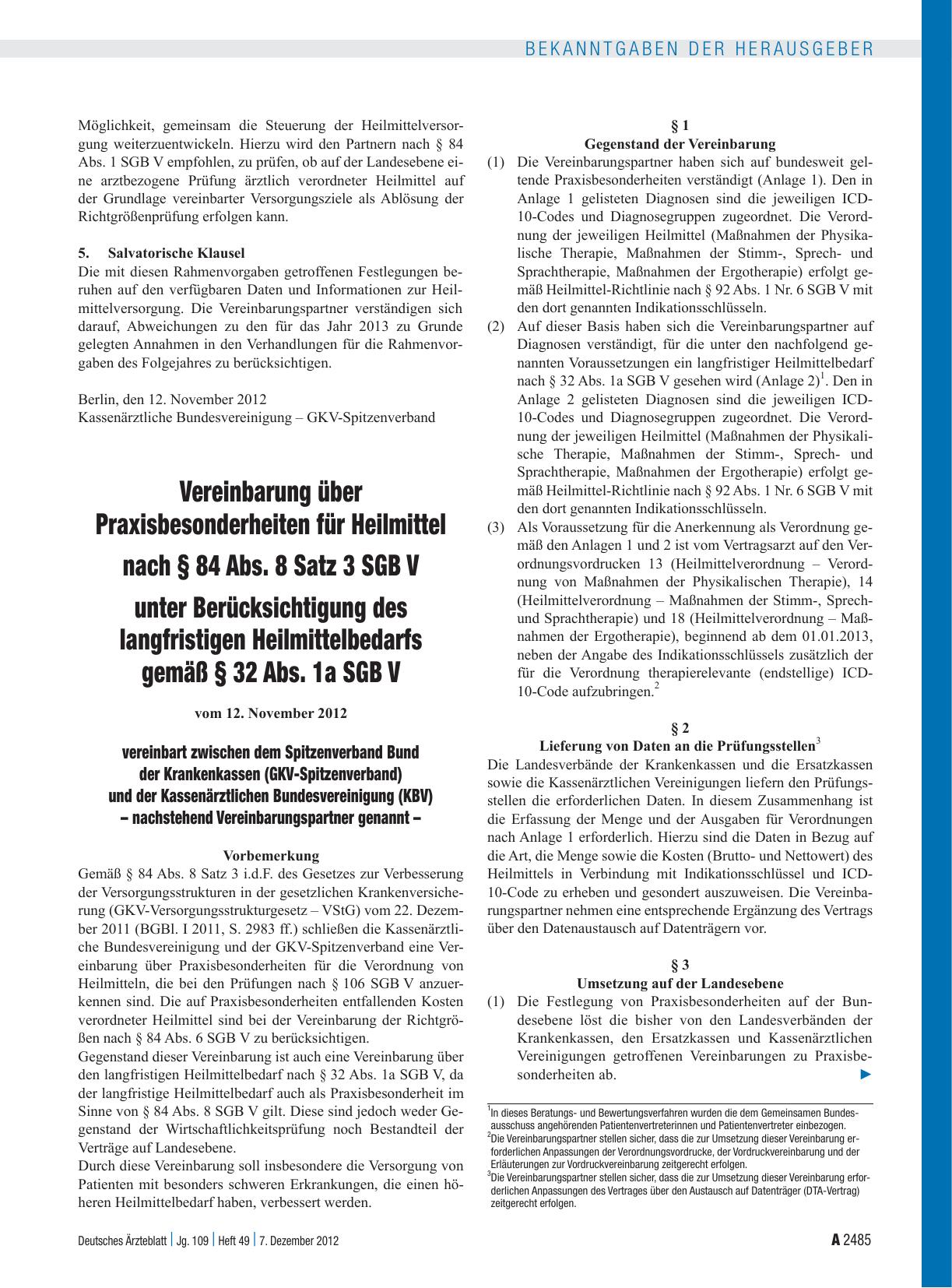 Vorschauseite 1: Vereinbarung über Praxisbesonderheiten für Heilmittel nach § 84 Abs. 8 Satz 3 SGB V unter Berücksichtigung des langfristigen Heilmittelbedarfs gemäß § 32 Abs. 1a SGB V vereinbart…