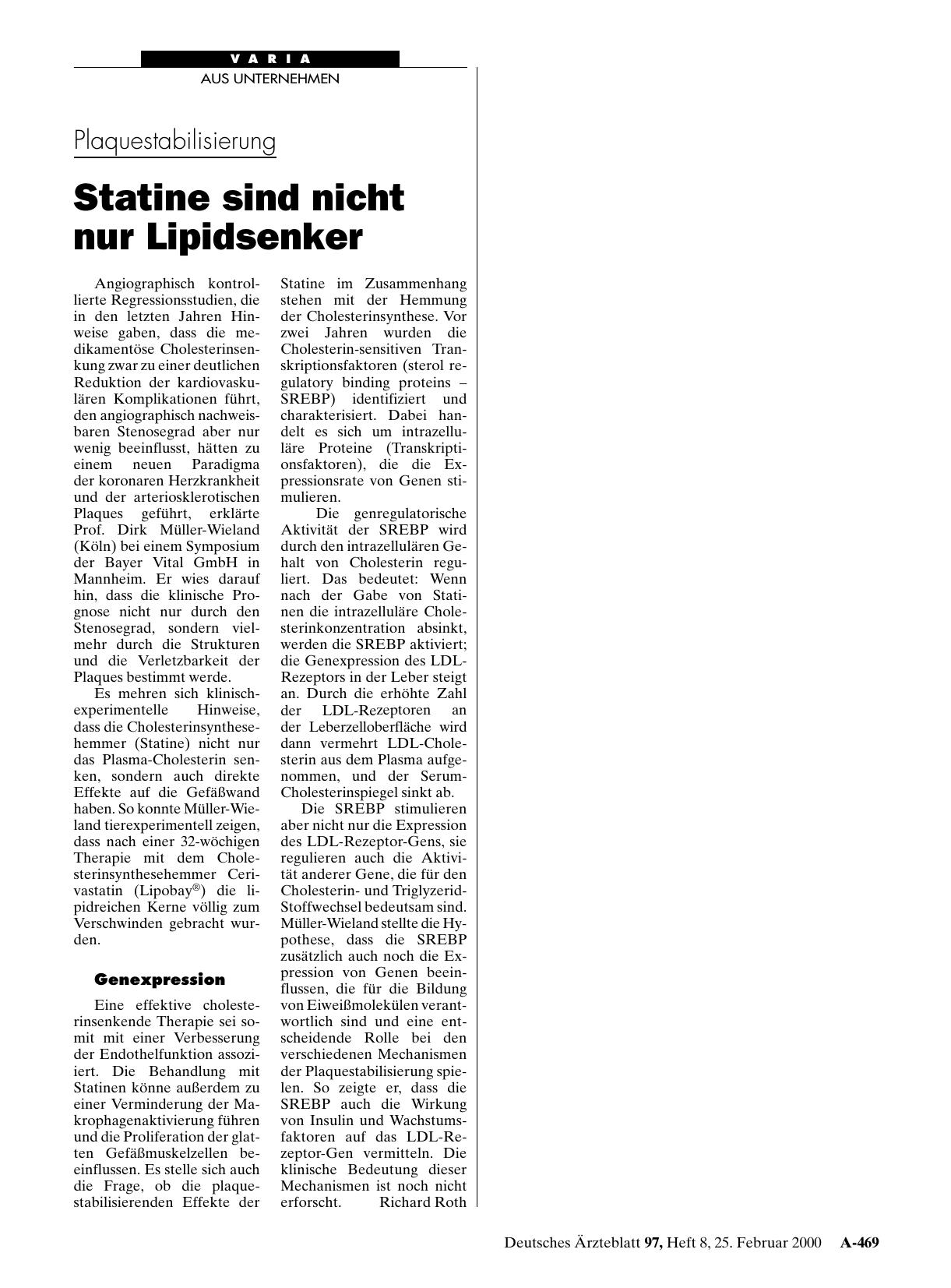 Vorschauseite 1: Plaquestabilisierung: Statine sind nicht nur Lipidsenker