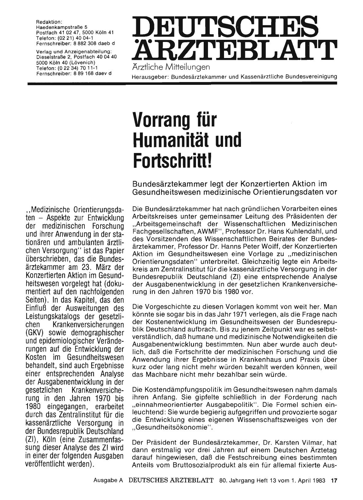 Vorschauseite 1: Vorrang für Humanität und Fortschritt