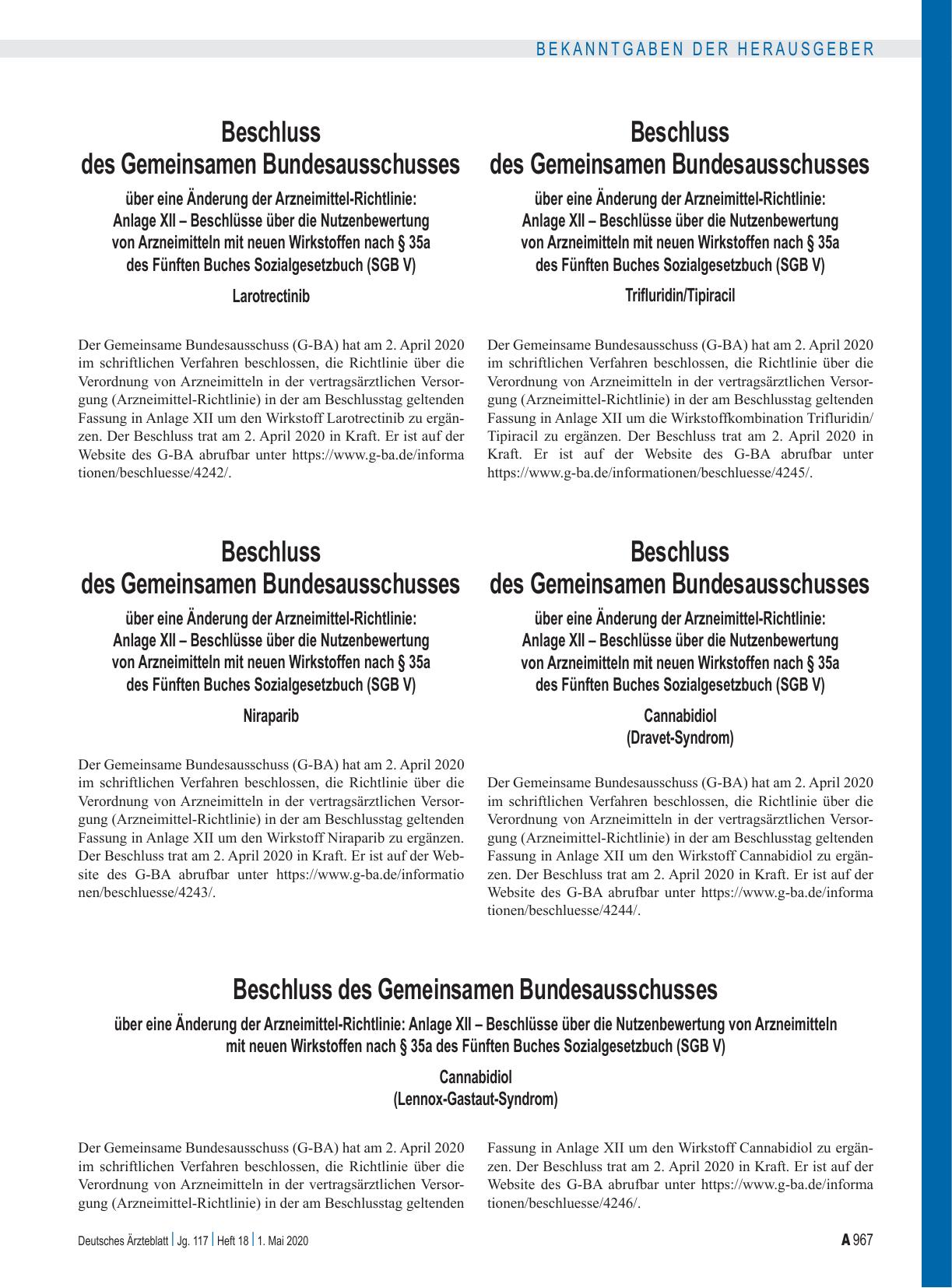 Vorschauseite 1: Beschluss des Gemeinsamen Bundesausschusses über eine Änderung der Arzneimittel-Richtlinie: Anlage XII – Trifluridin/Tipiracil
