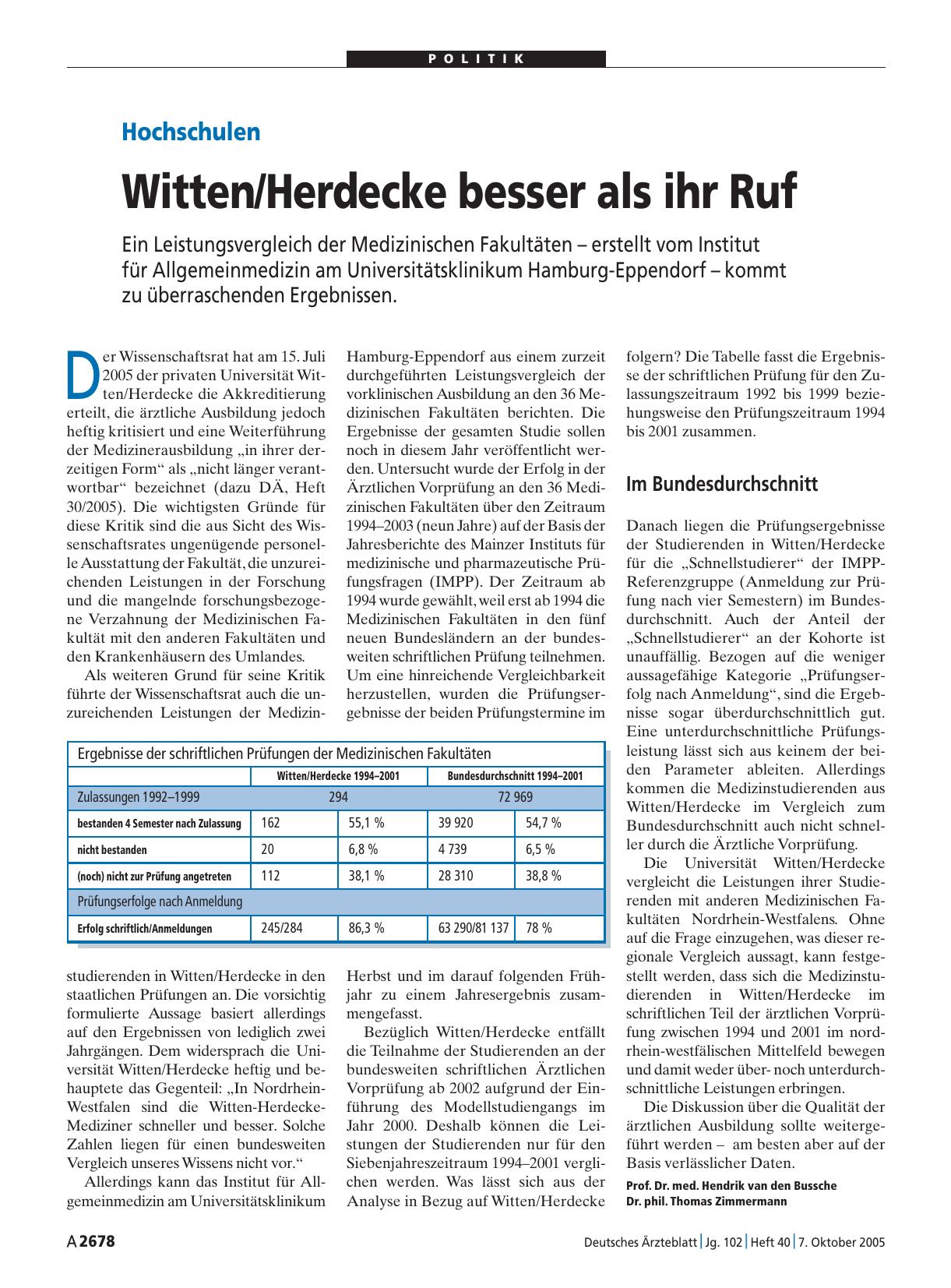 Vorschauseite 1: Hochschulen: Witten/Herdecke besser als ihr Ruf