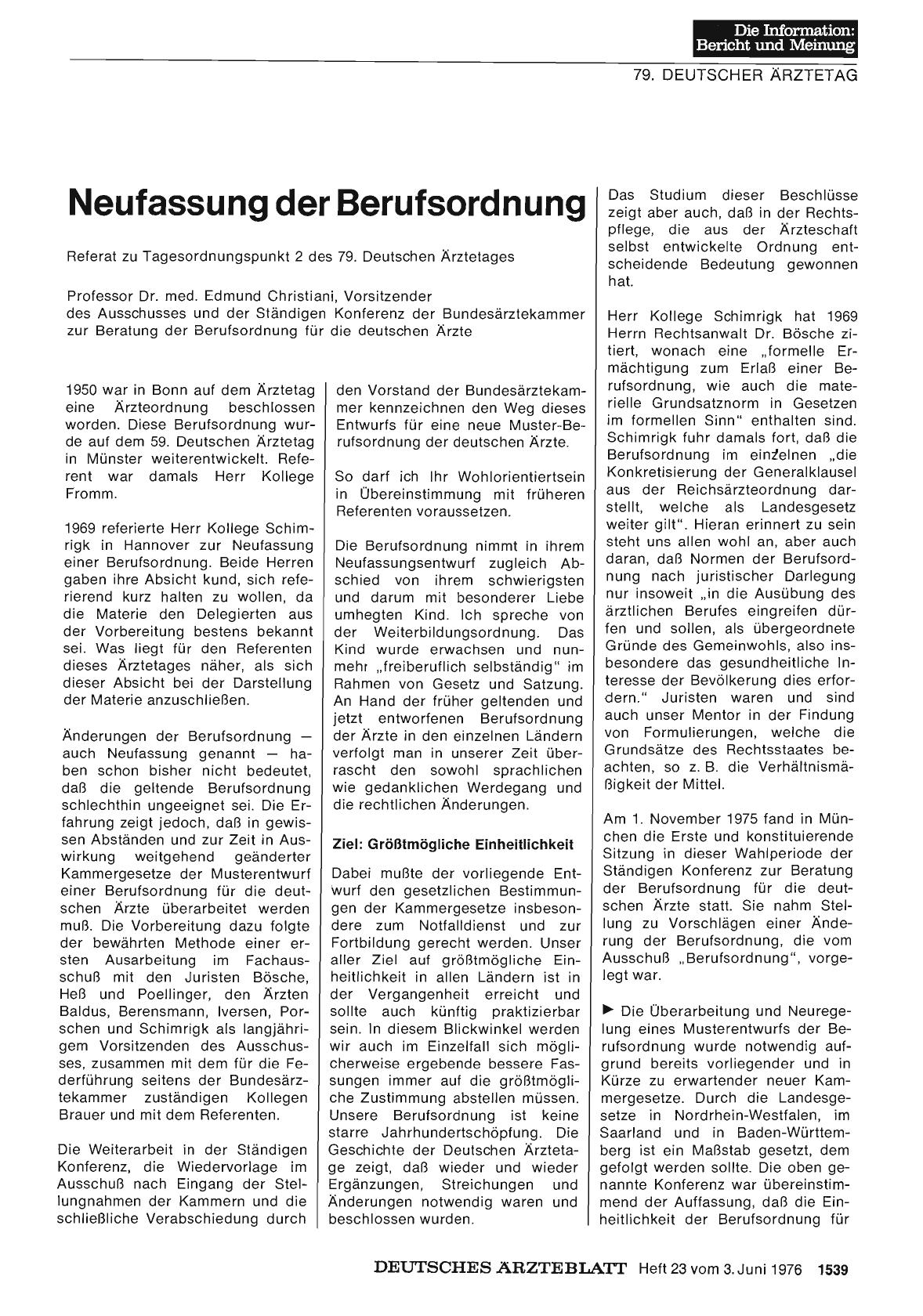 Vorschauseite 1: Neufassung der Berufsordnung: Referat zu Tagesordnungspunkt 2 des 79. Deutschen Ärztetages