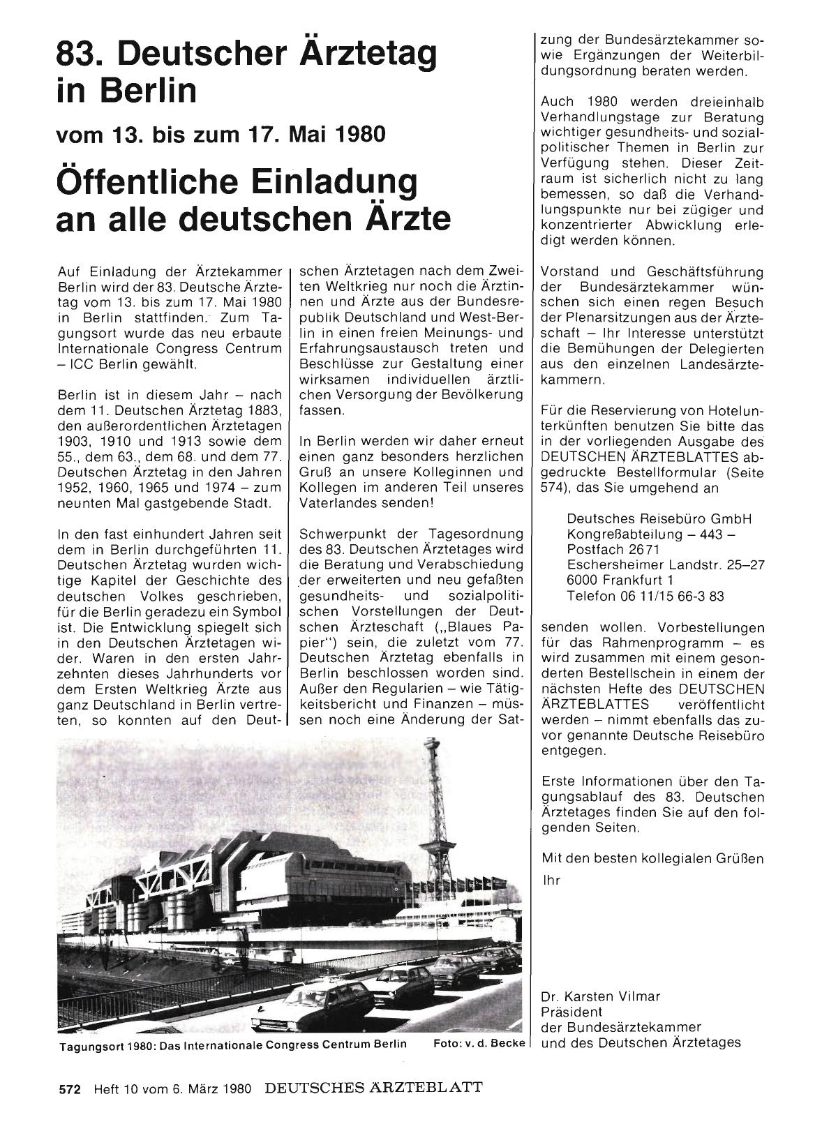 Vorschauseite 1: 83. Deutscher Ärztetag in Berlin vom 13. bis zum 17. Mai 1980: Öffentliche Einladung an alle deutschen Ärzte