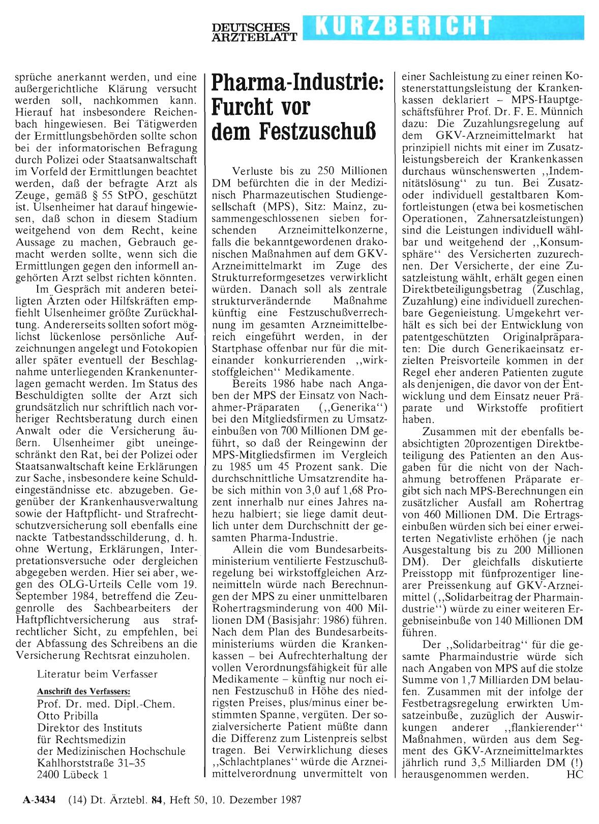 Vorschauseite 1: Pharma-Industrie: Furcht vor dem Festzuschuß
