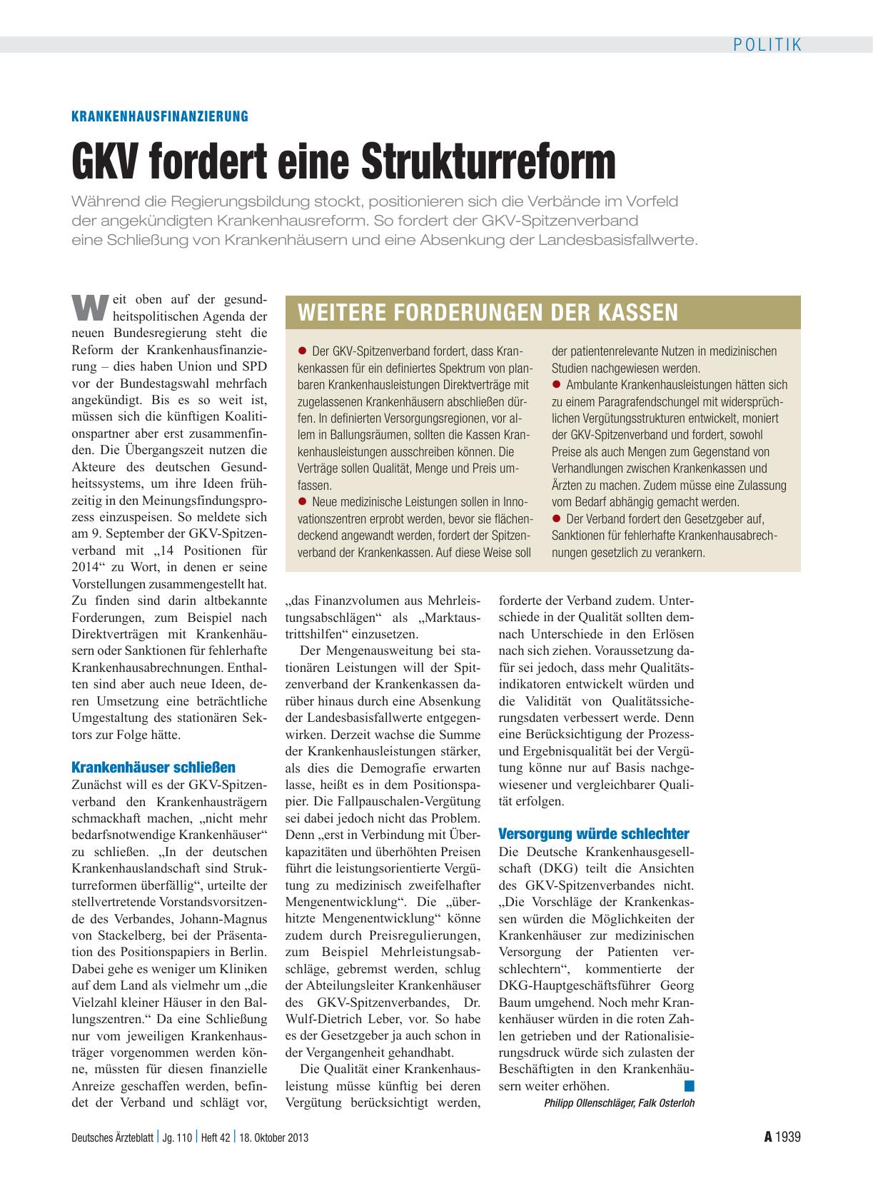 Vorschauseite 1: Krankenhausfinanzierung: GKV fordert eine Strukturreform