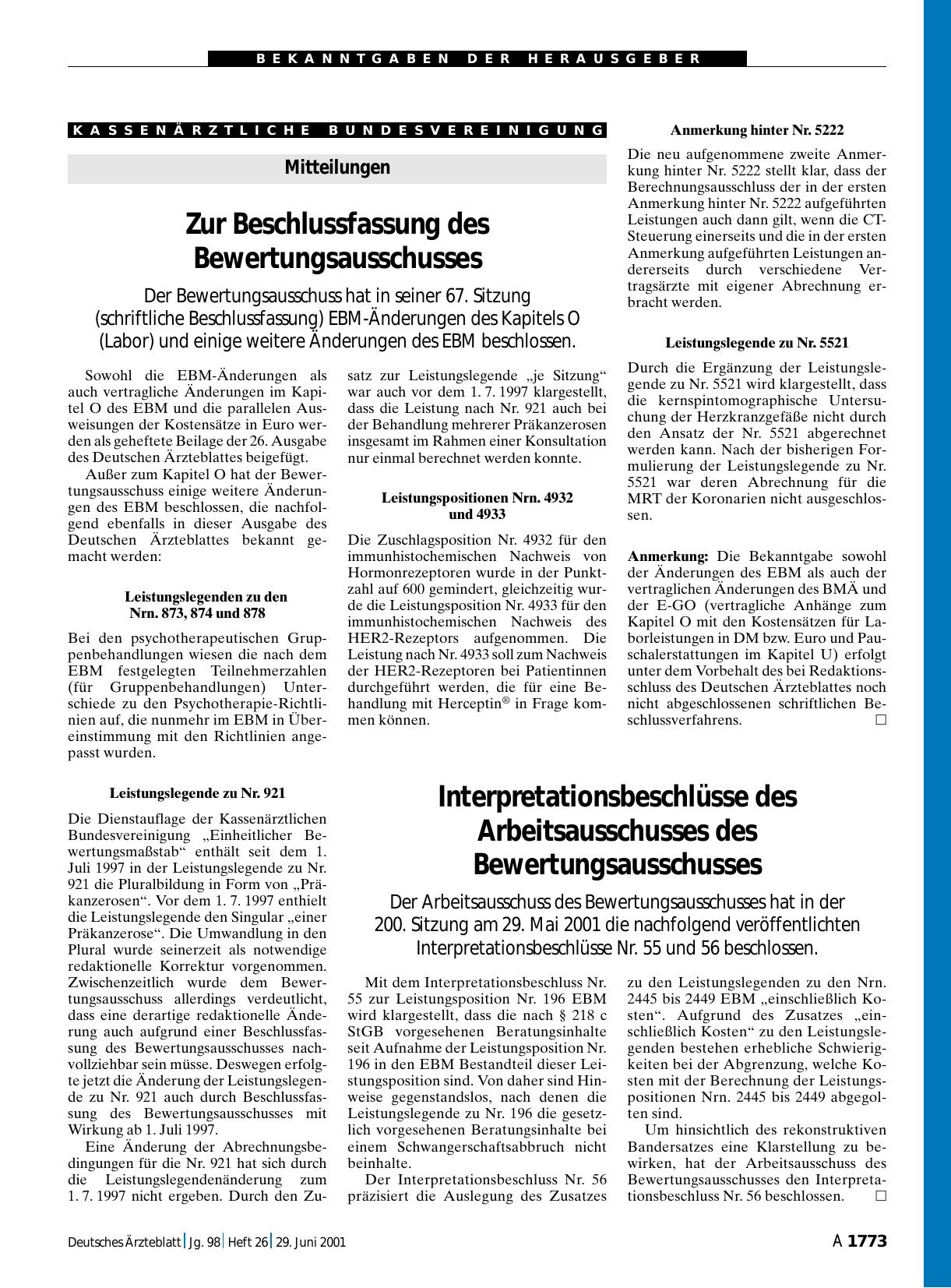 Vorschauseite 1: Interpretationsbeschlüsse des Arbeitsausschusses des Bewertungsausschusses