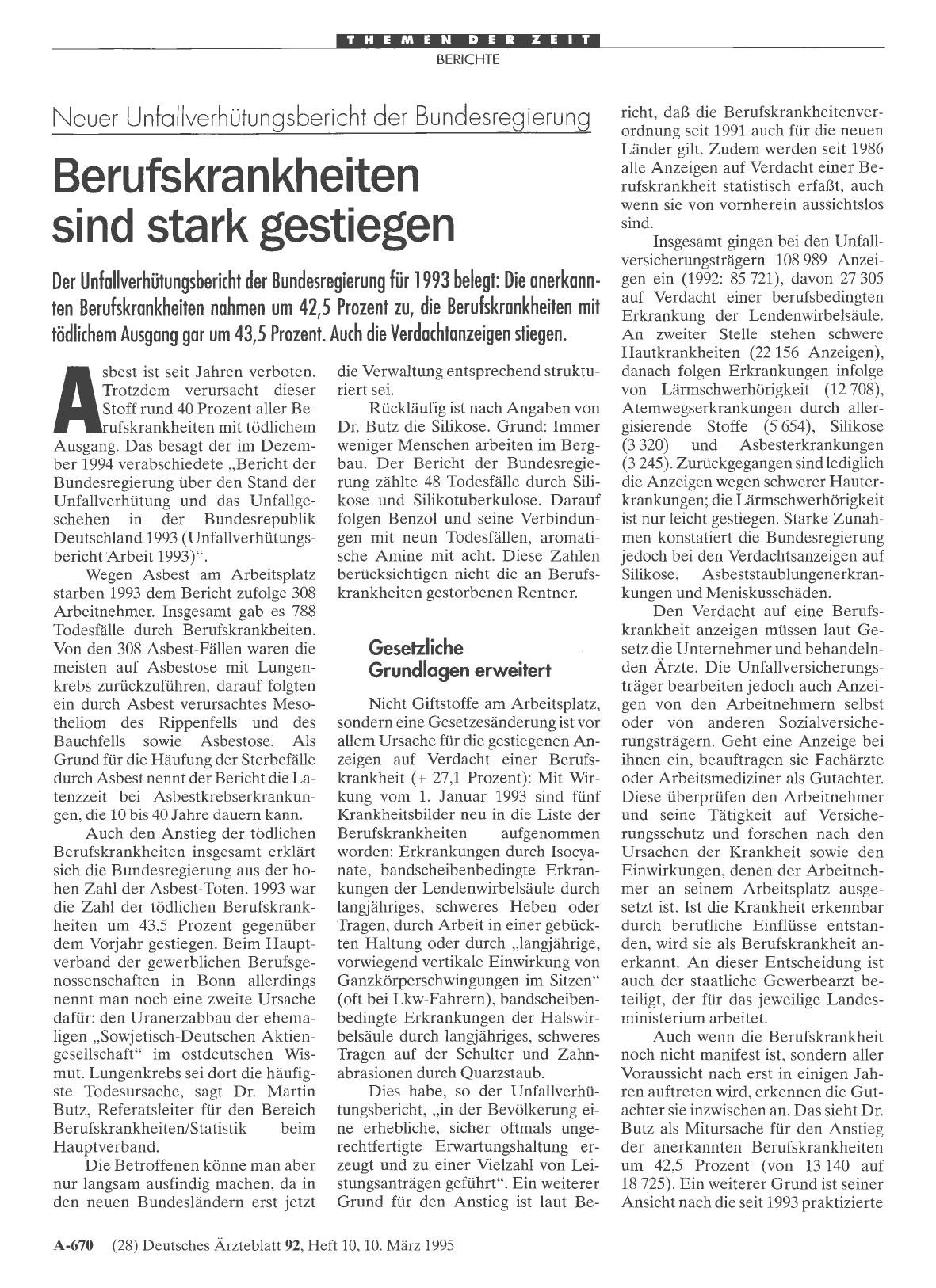 Vorschauseite 1: Neuer Unfallverhütungsbericht der Bundesregierung: Berufskrankheiten sind stark gestiegen