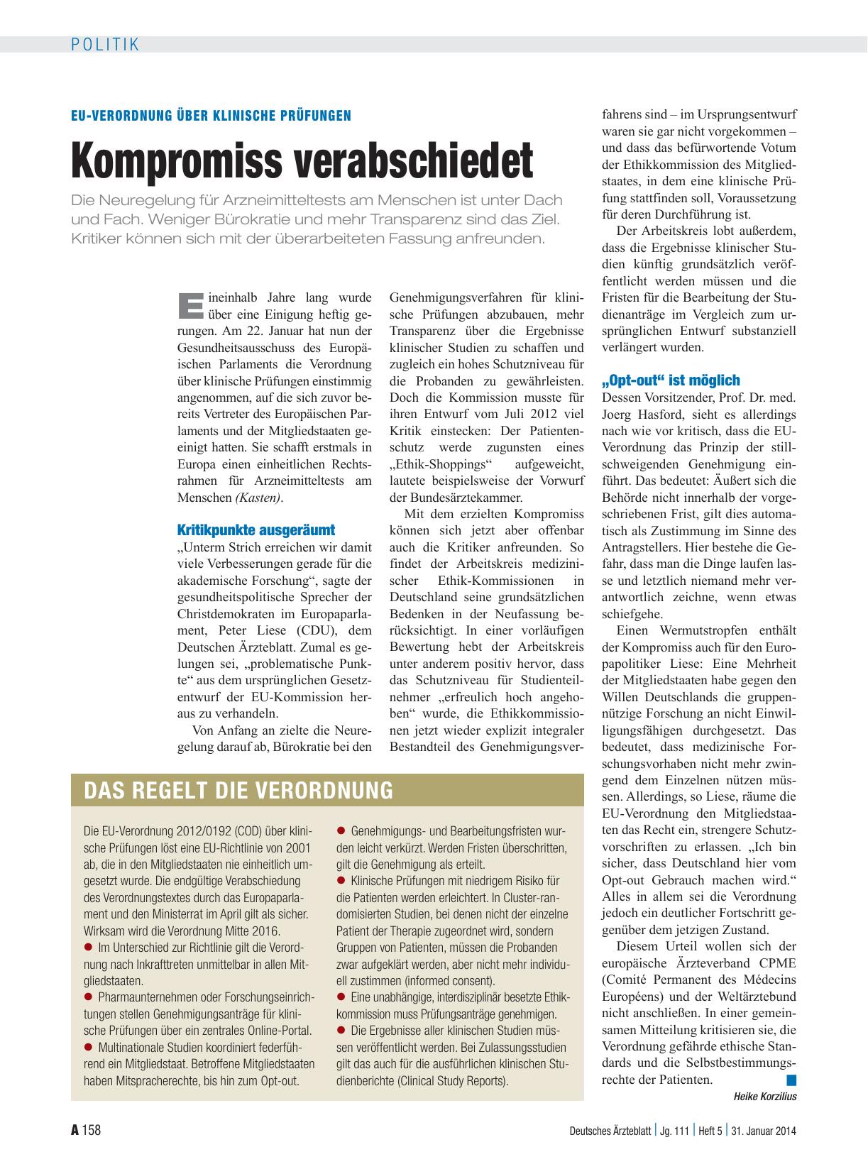 Vorschauseite 1: EU-Verordnung über klinische Prüfungen: Kompromiss verabschiedet