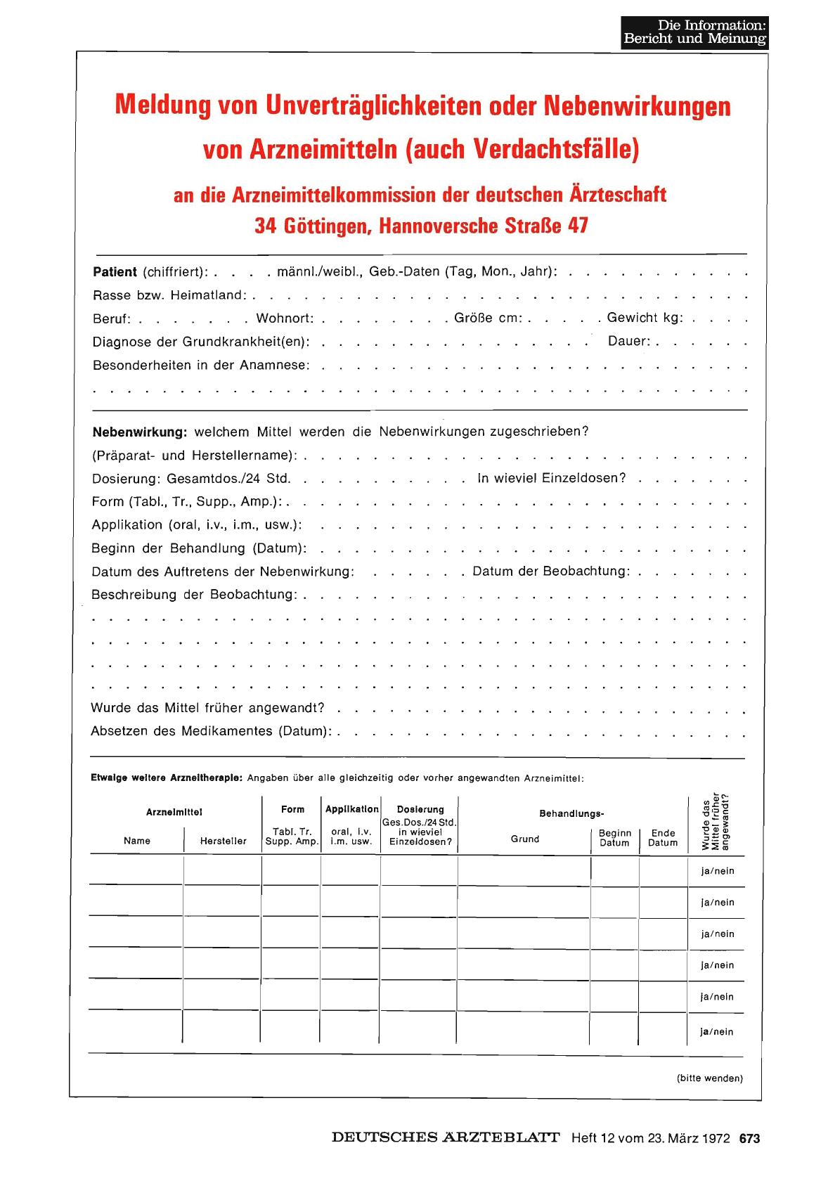 Vorschauseite 1: Meldung von Unverträglichkeiten oder Nebenwirkungen von Arzneimitteln