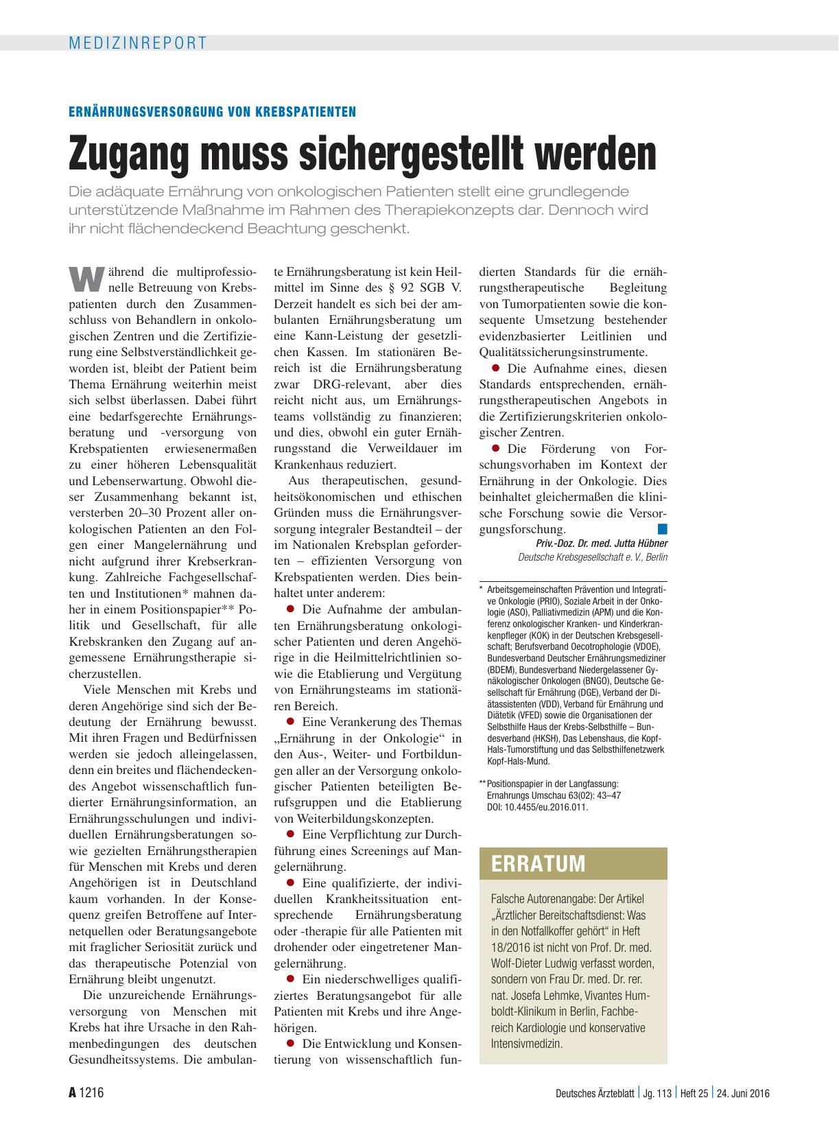 Vorschauseite 1: Ernährungsversorgung von Krebspatienten: Zugang muss sichergestellt werden