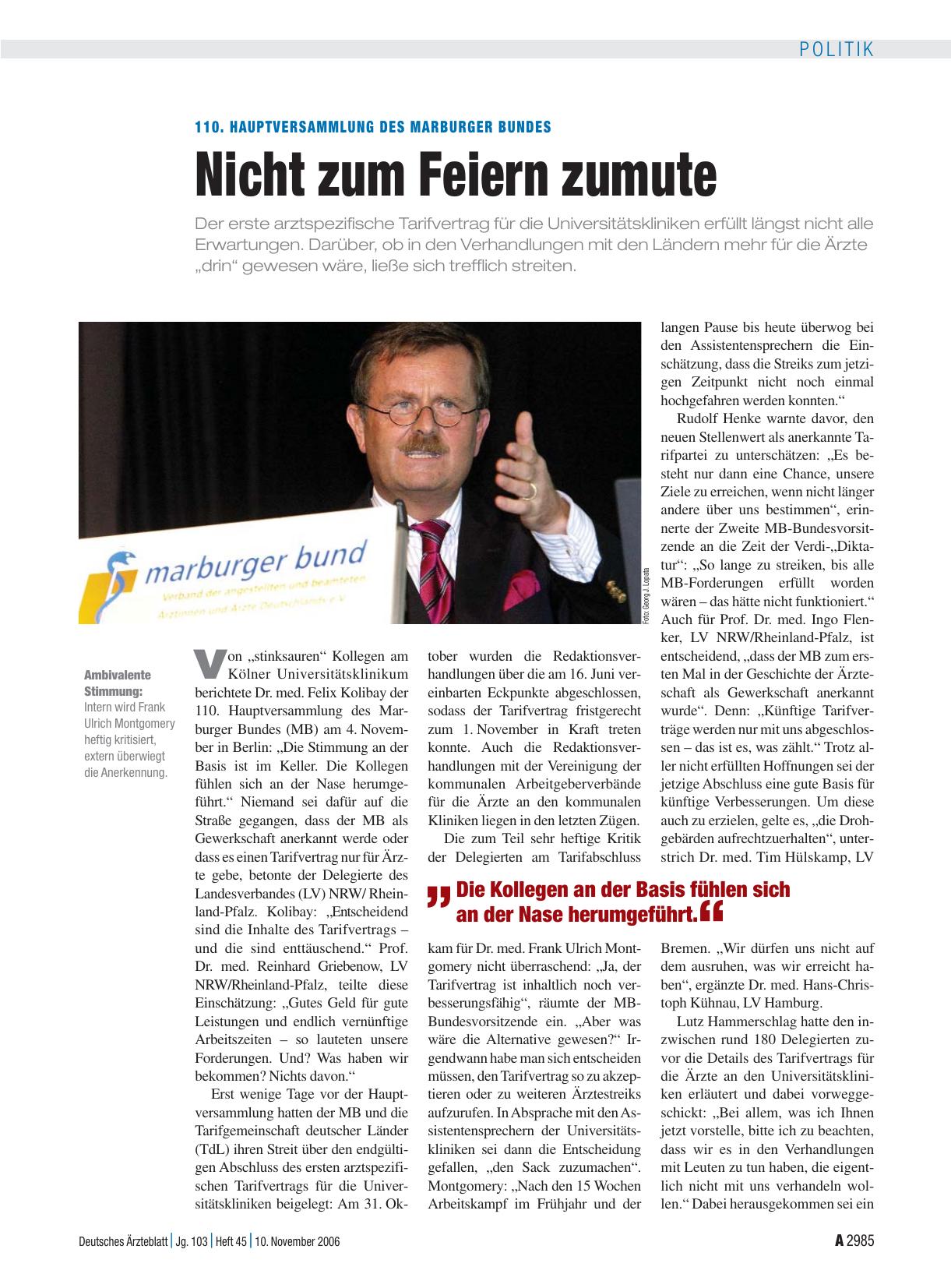 Vorschauseite 1: 110. Hauptversammlung des Marburger Bundes: Nicht zum Feiern zumute