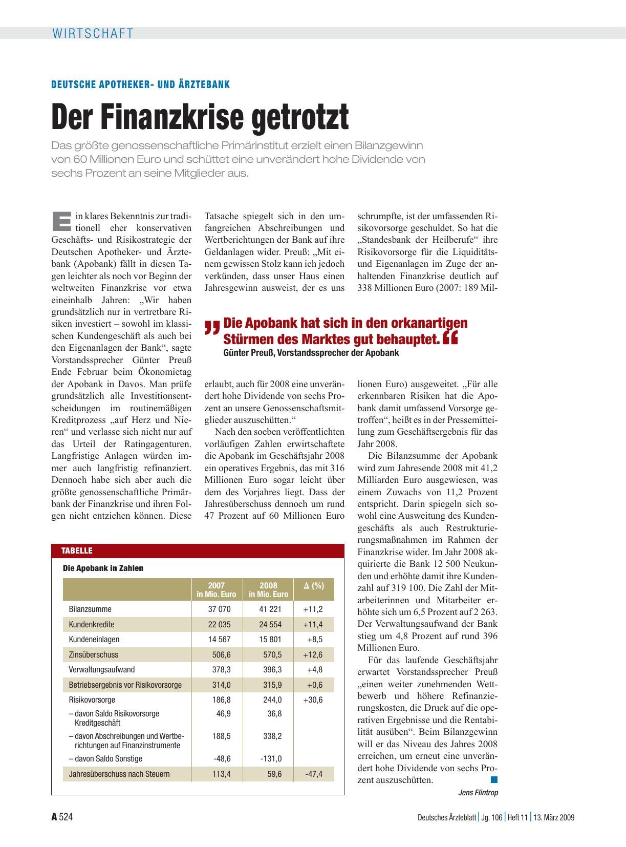 Vorschauseite 1: Deutsche Apothekerund Ärztebank: Der Finanzkrise getrotzt