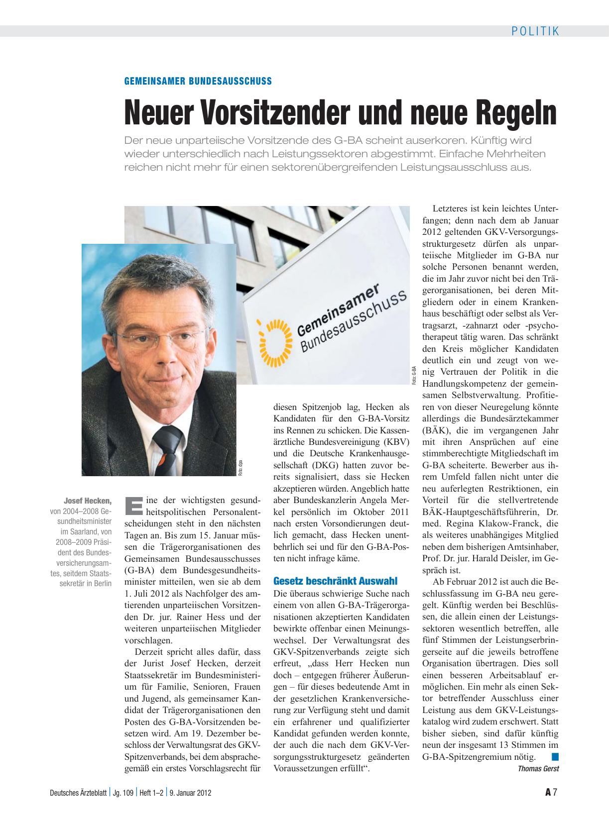 Vorschauseite 1: Gemeinsamer Bundesausschuss: Neuer Vorsitzender und neue Regeln