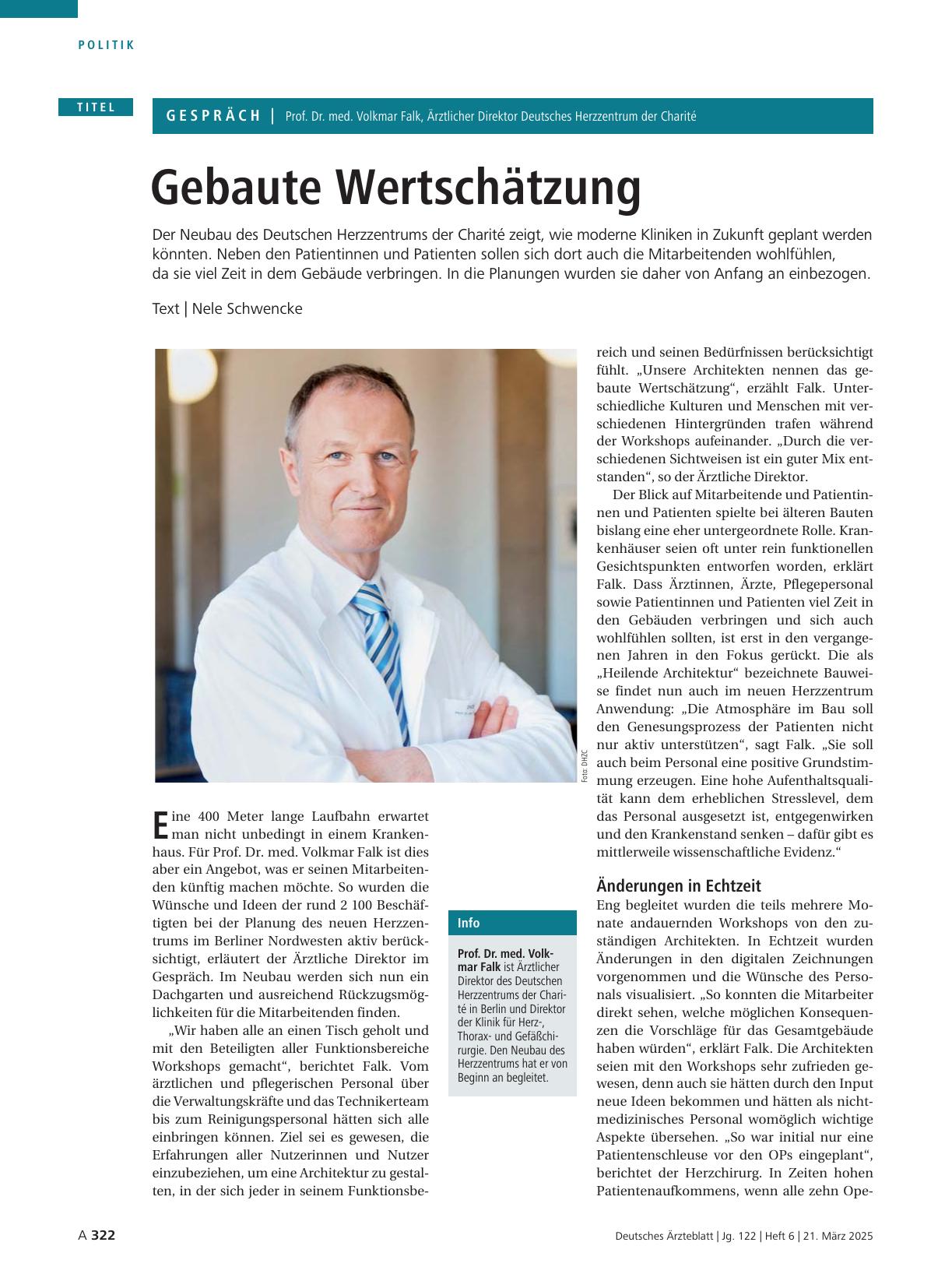 Vorschauseite 1: Das Gespräch mit Prof. Dr. med. Volkmar Falk, Ärztlicher Direktor Deutsches Herzzentrum der Charité: Gebaute Wertschätzung
