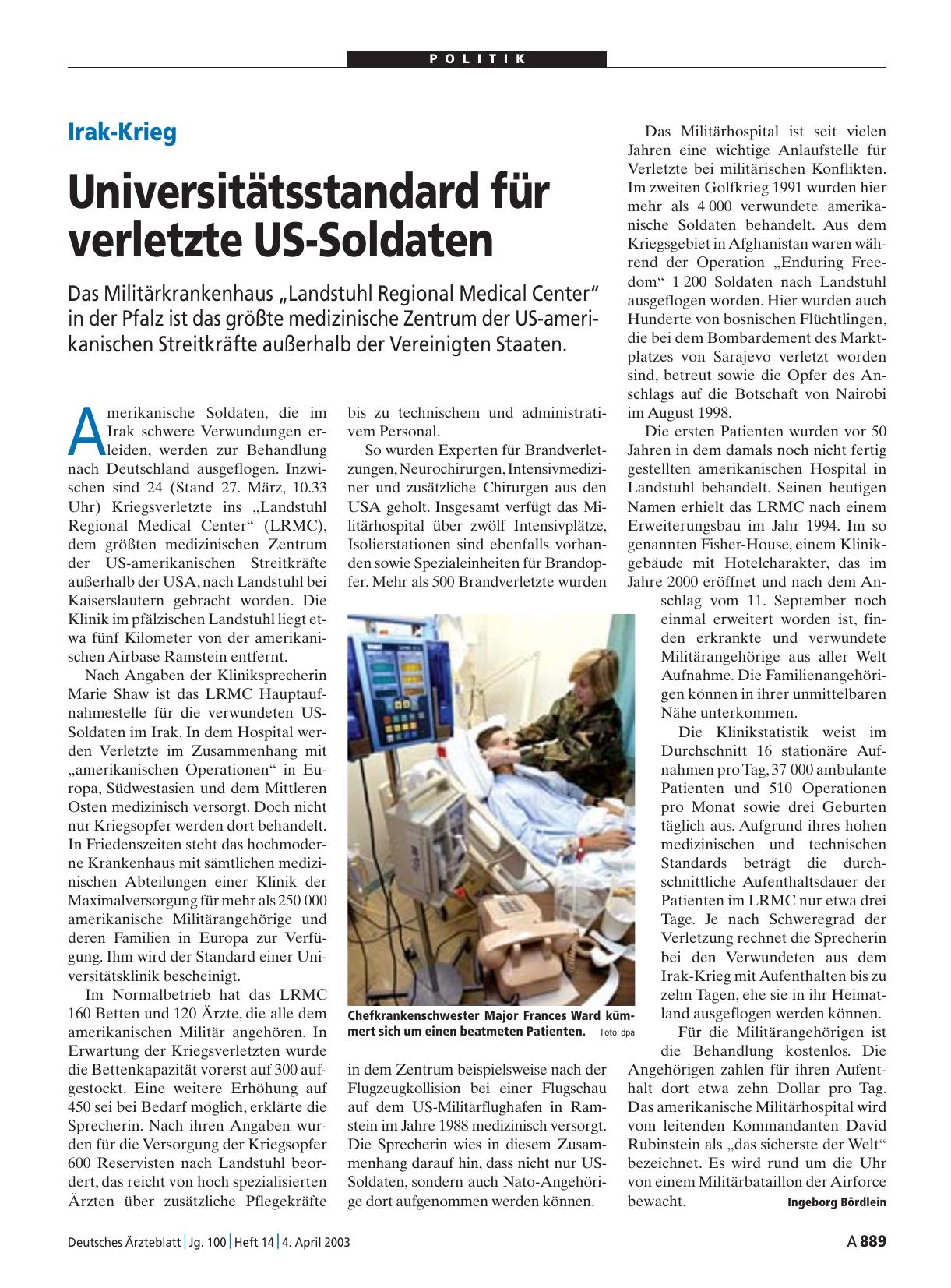 Vorschauseite 1: Irak-Krieg: Universitätsstandard für verletzte US-Soldaten