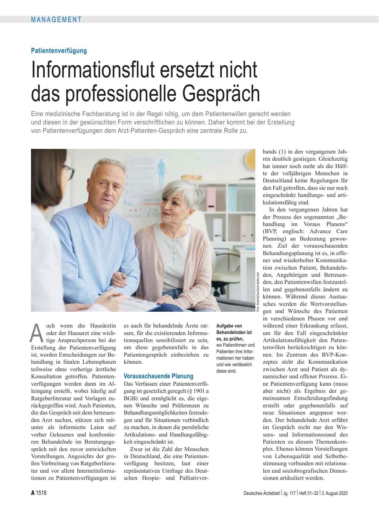 Vorschauseite 1: Patientenverfügung: Informationsflut ersetzt nicht das professionelle Gespräch