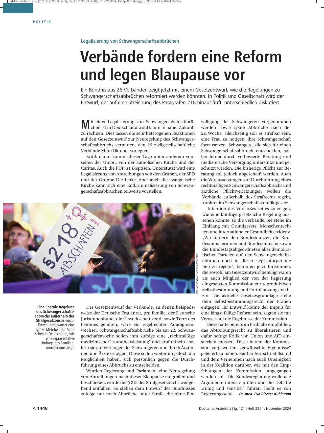 Vorschauseite 1: Legalisierung von Schwangerschaftsabbrüchen: Verbände fordern eine Reform und legen Blaupause vor.