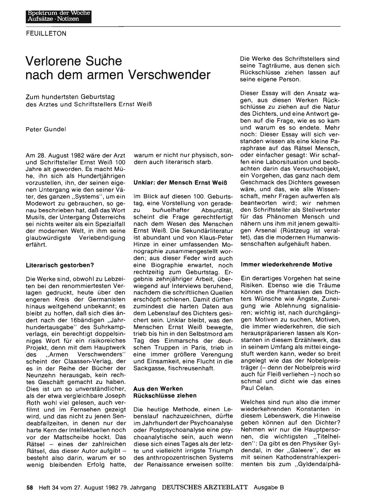 Vorschauseite 1: Verlorene Suche nach dem armen Verschwender: Zum hundertsten Geburtstag des Arztes und Schriftstellers Ernst Weiß