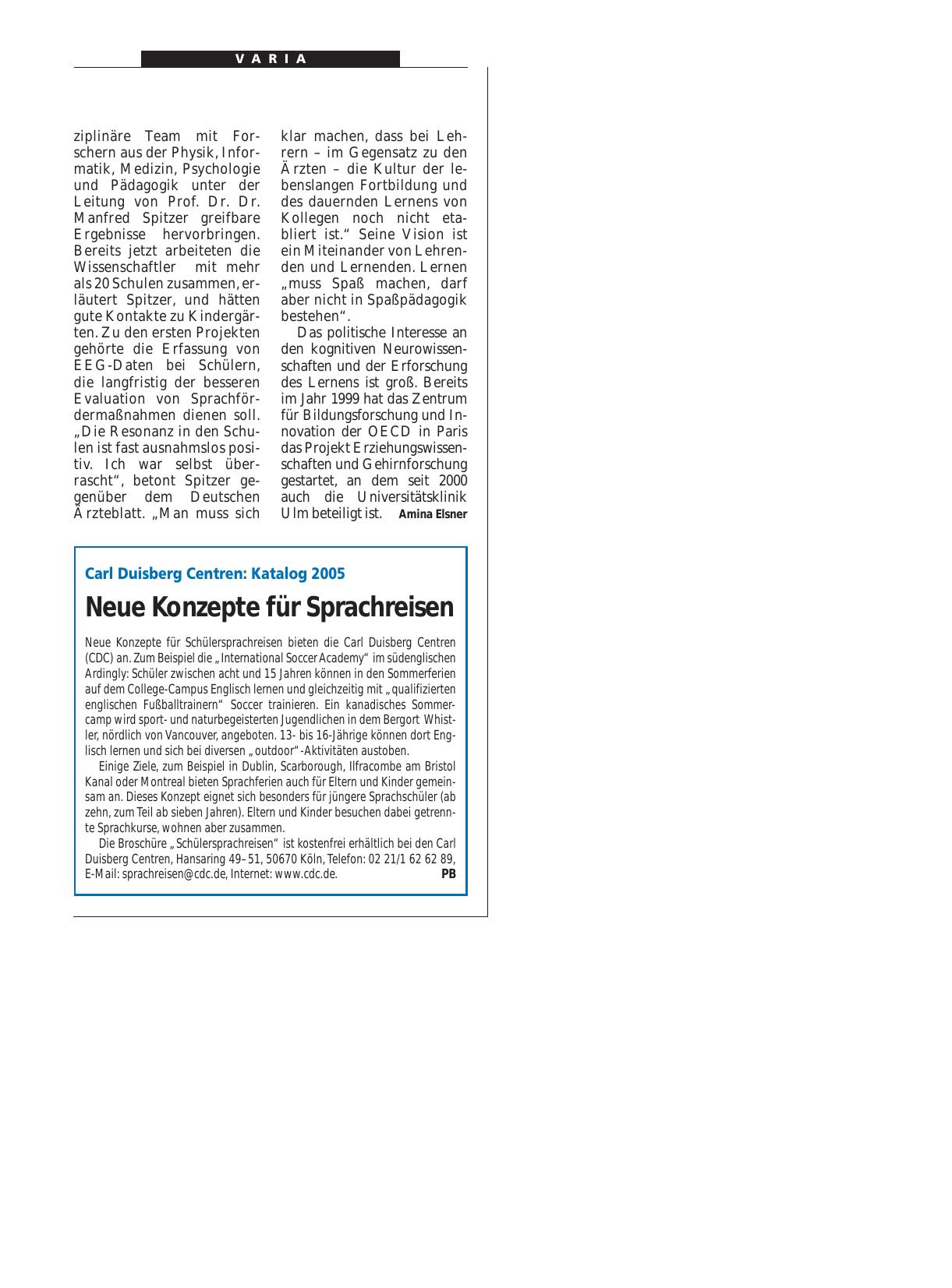 Vorschauseite 1: Carl Duisberg Centren – Katalog 2005: Neue Konzepte für Sprachreisen