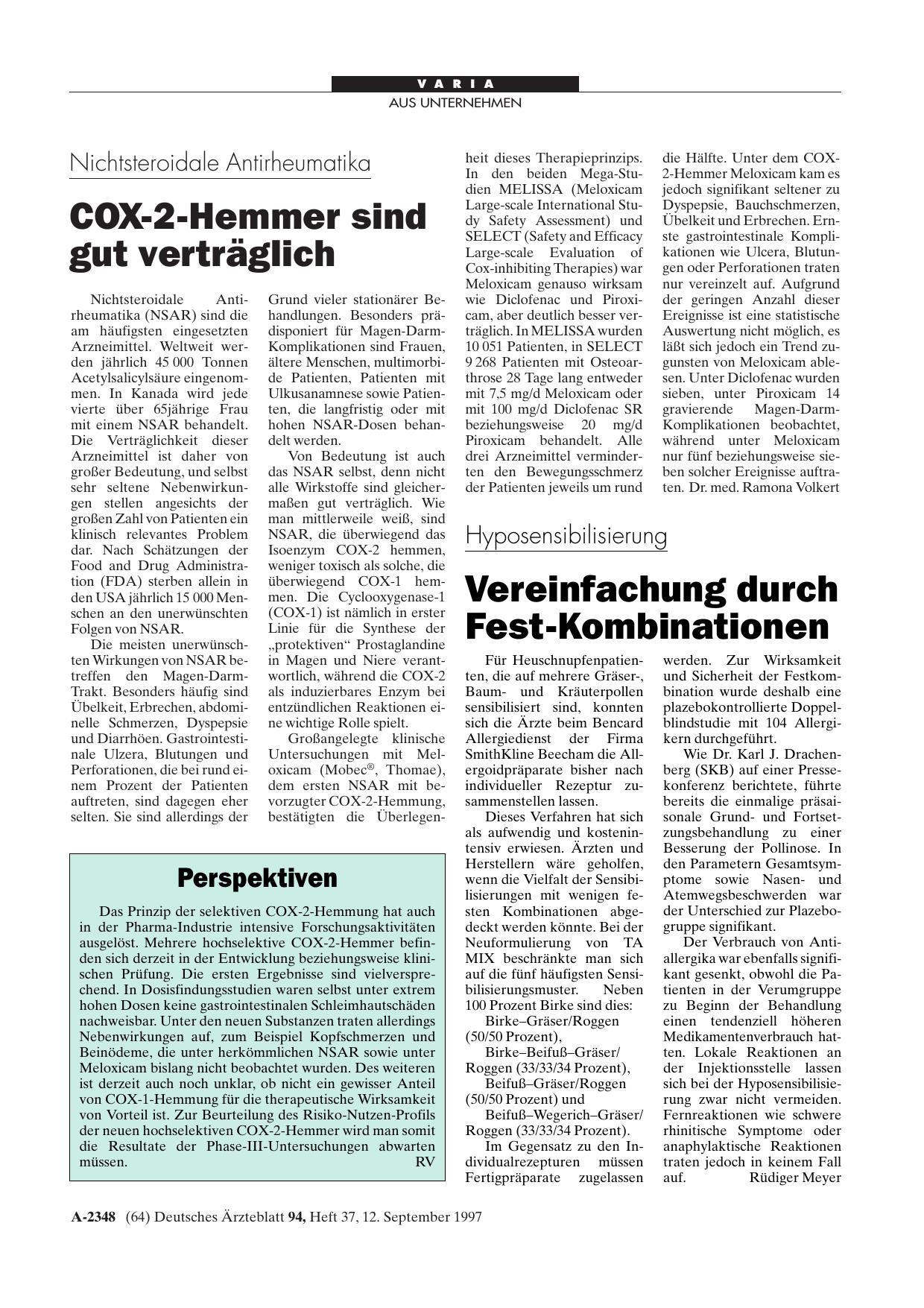 Vorschauseite 1: Nichtsteroidale Antirheumatika: COX-2-Hemmer sind gut verträglich