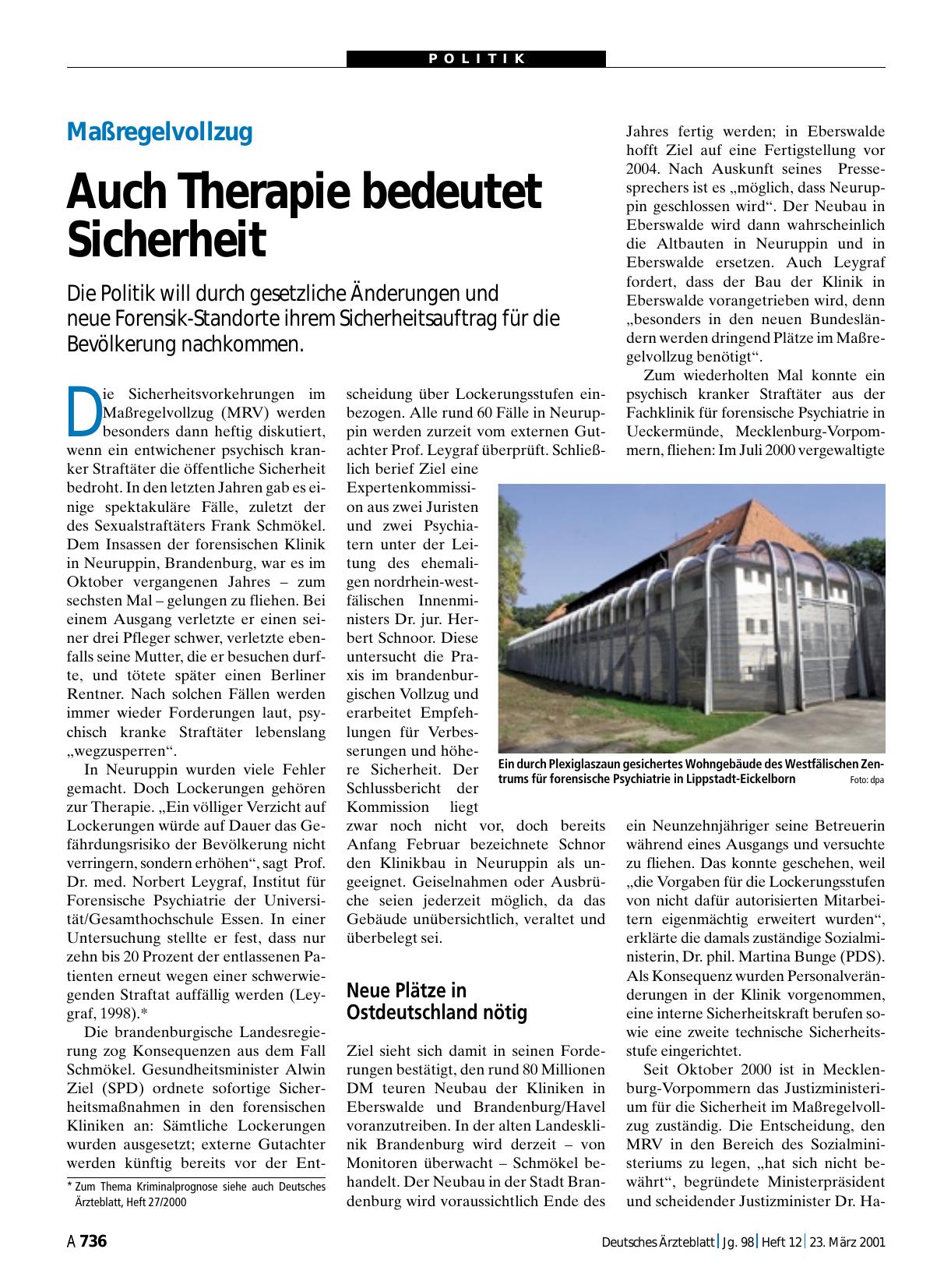 Vorschauseite 1: Maßregelvollzug: Auch Therapie bedeutet Sicherheit