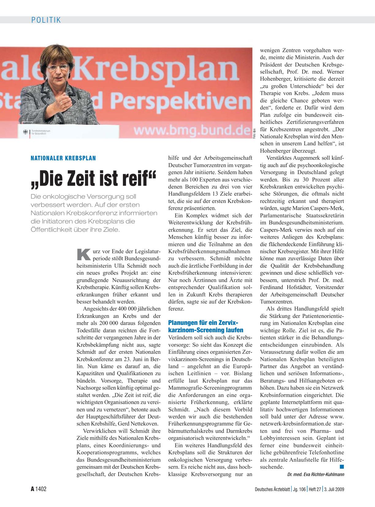 Vorschauseite 1: Nationaler Krebsplan: „Die Zeit ist reif“