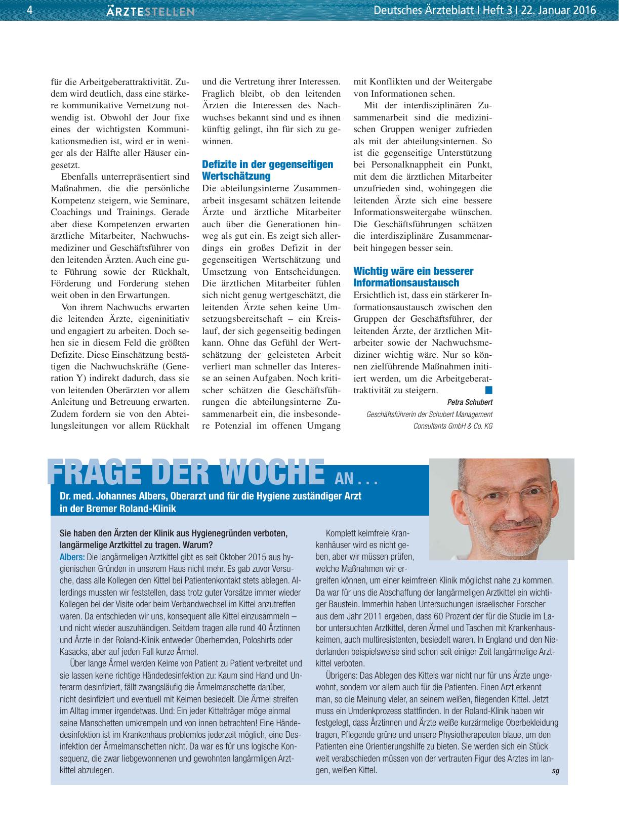 Vorschauseite 1: Frage der Woche an. .. Dr. med. Johannes Albers, Oberarzt und für die Hygiene zuständiger Arzt in der Bremer Roland-Klinik