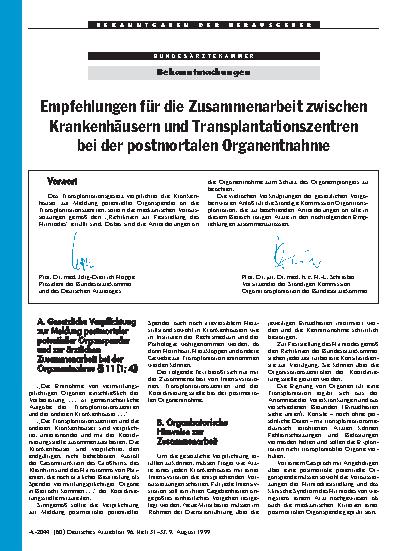 Vorschauseite 1: Empfehlungen für die Zusammenarbeit zwischen Krankenhäusern und Transplantationszentren bei der: postmortalen Organentnahme