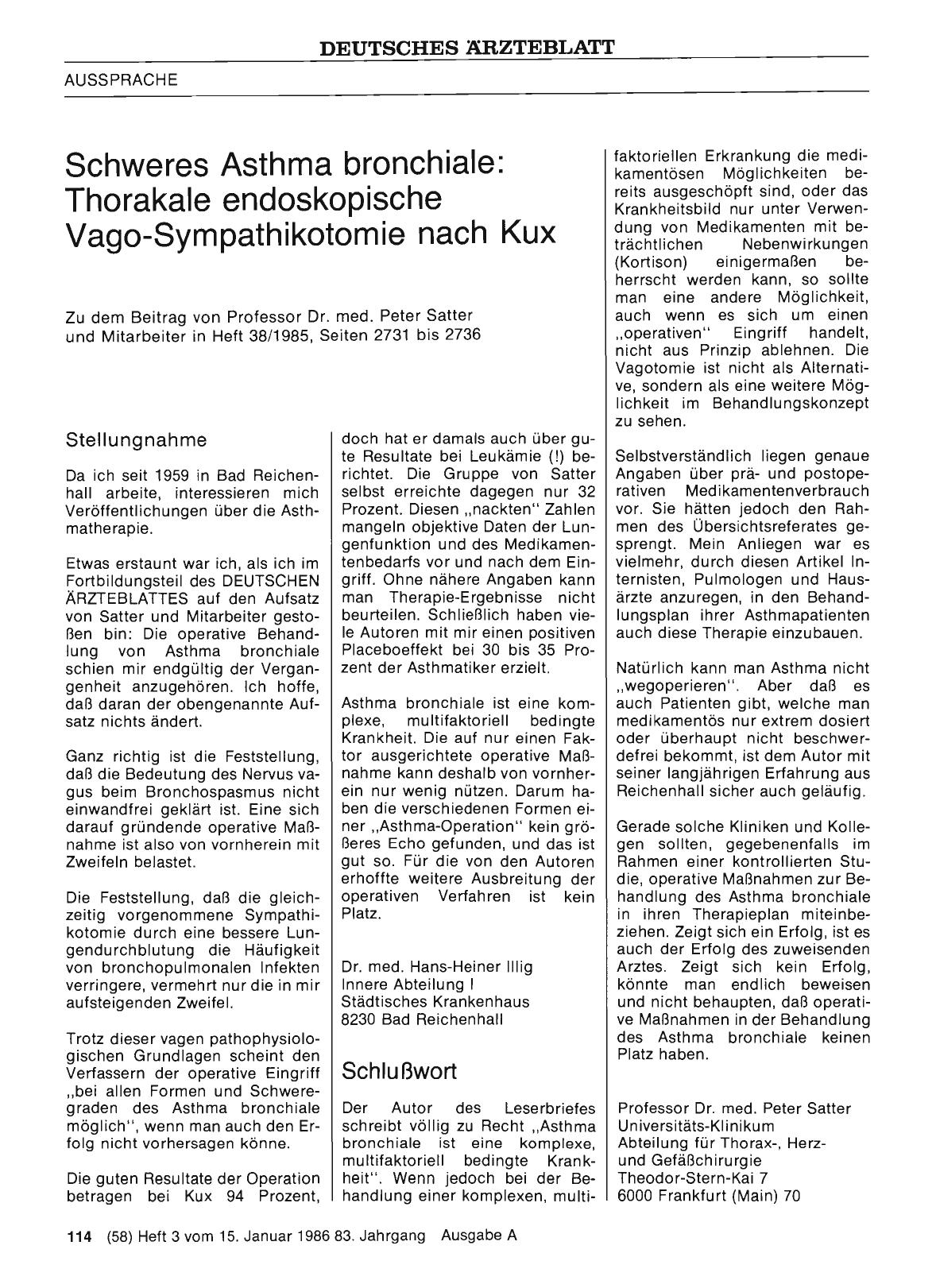 Vorschauseite 1: Schweres Asthma bronchiale: Thorakale endoskopische Vago-Sympathikotomie nach Kux: Schlußwort