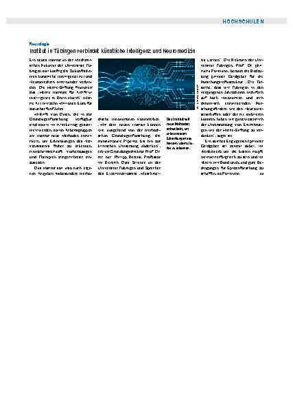 Vorschauseite 1: Neurologie: Institut in Tübingen verbindet künstliche Intelligenz und Neuromedizin